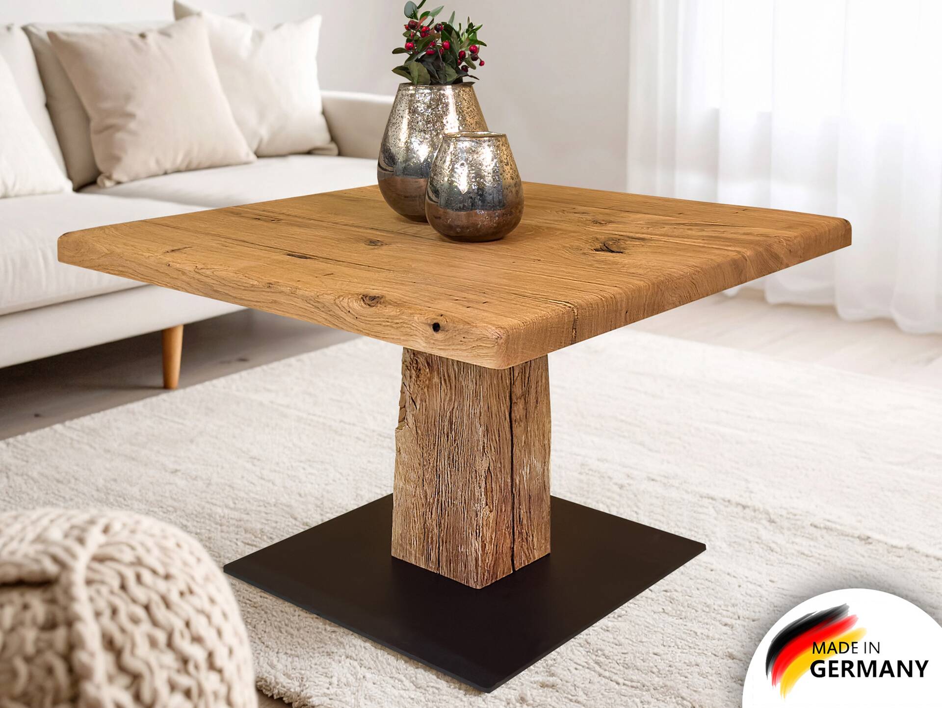 GALINO Couchtisch, Material Massivholz/Metall, Alteiche geölt/schwarz 60 x 60 cm 
