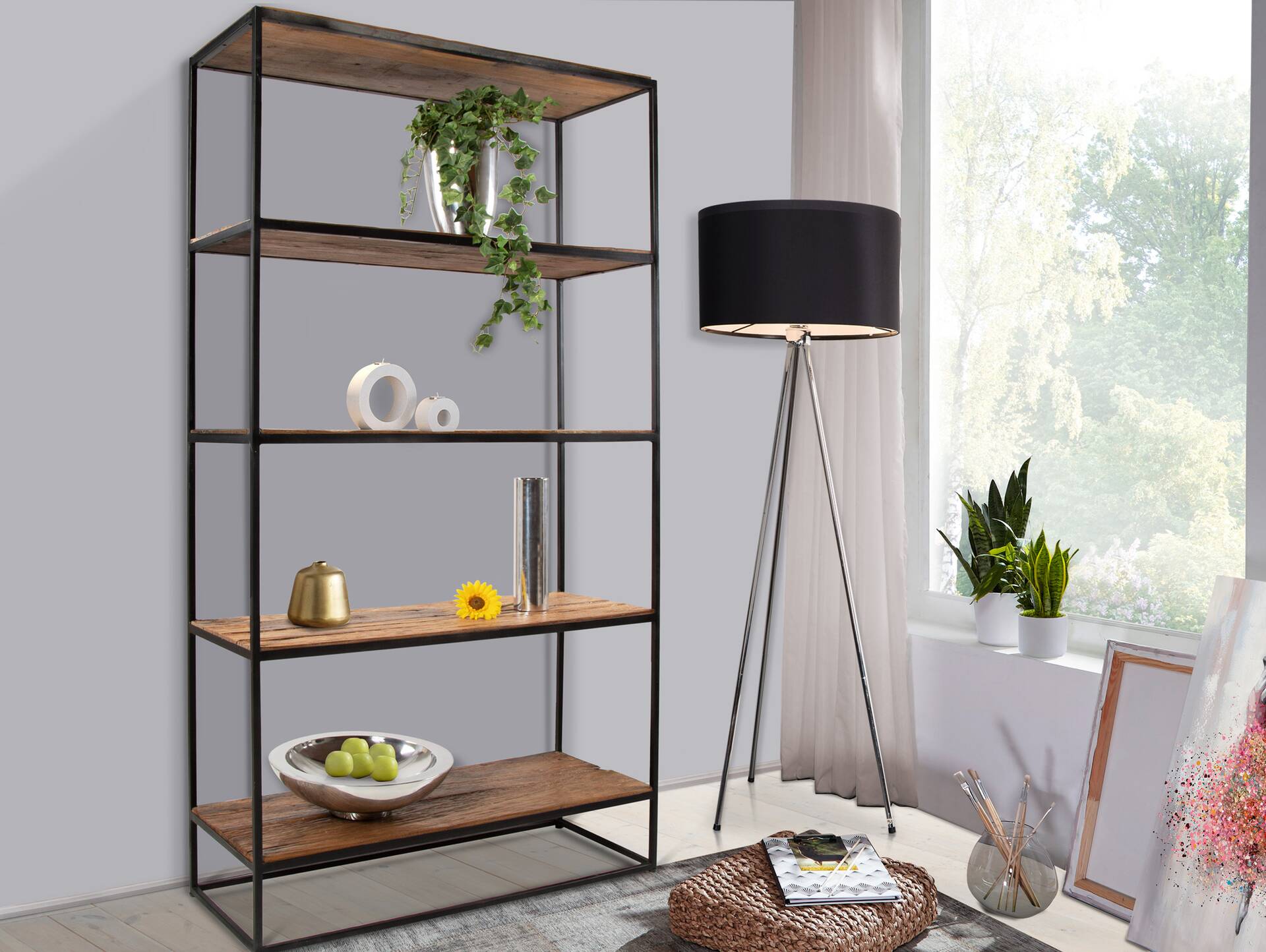 BERTY Regal, 5 Böden, Material Recyclingholz/Metall schwarz 