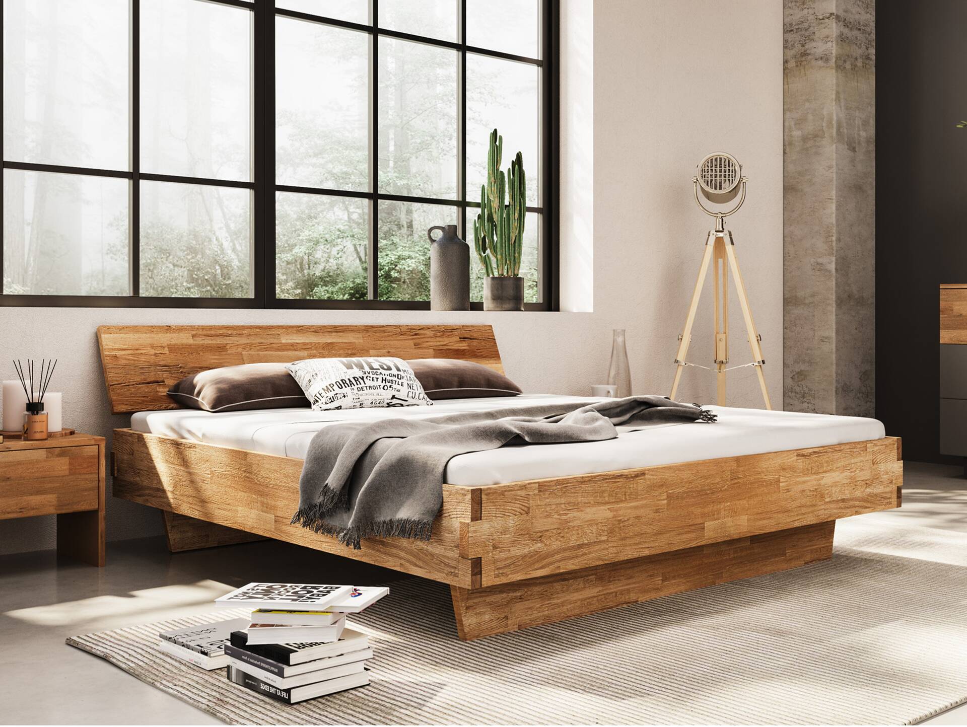 CORDINO Wangenbett aus Eiche, Material Massivholz, mit/ohne Kopfteil 90 x 220 cm | Eiche lackiert | gehackt | mit Kopfteil