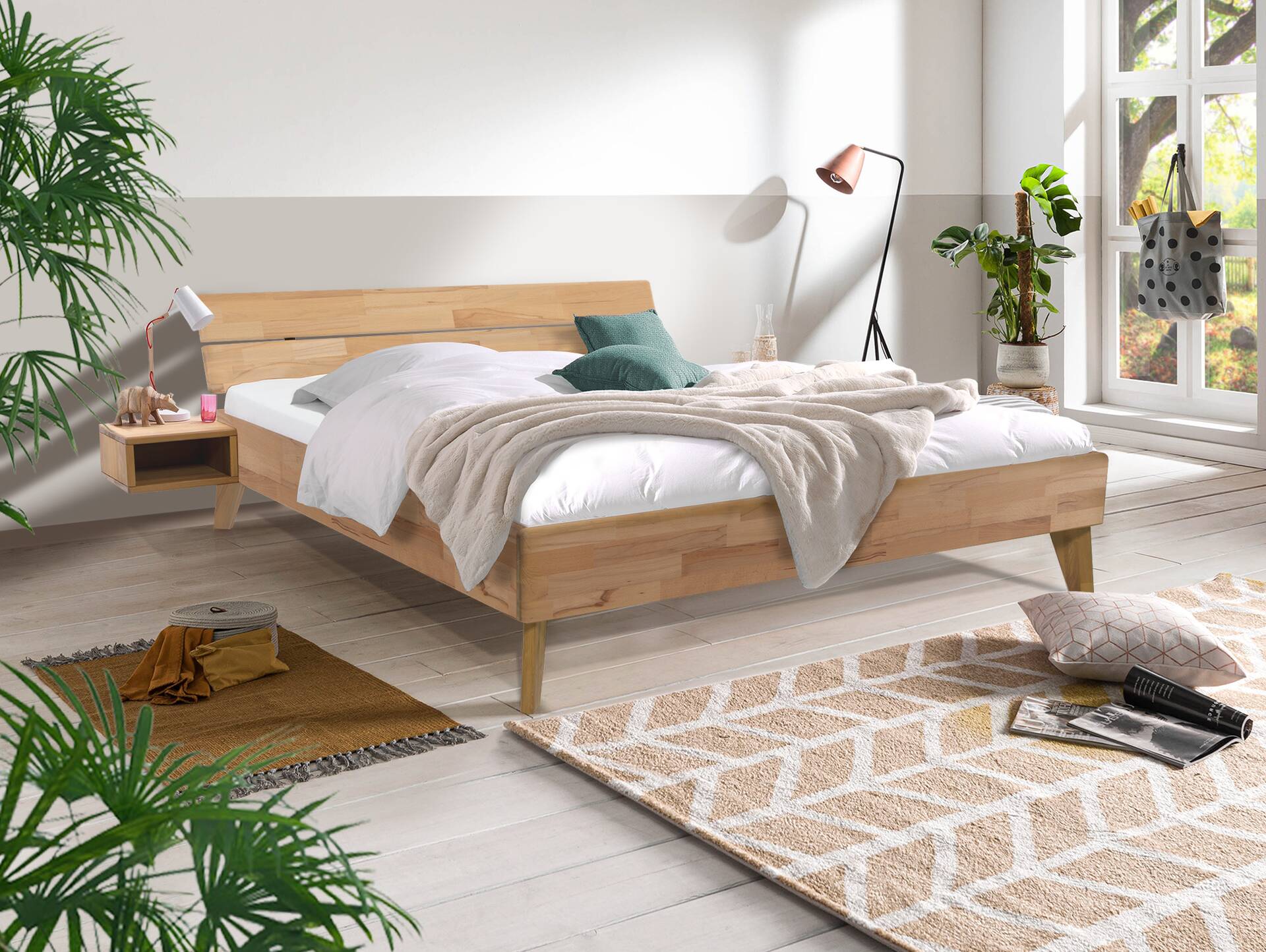 CALIDO 4-Fuß-Bett, Material Massivholz, mit/ohne Kopfteil 180 x 220 cm | Eiche geölt | Standardhöhe | mit Kopfteil