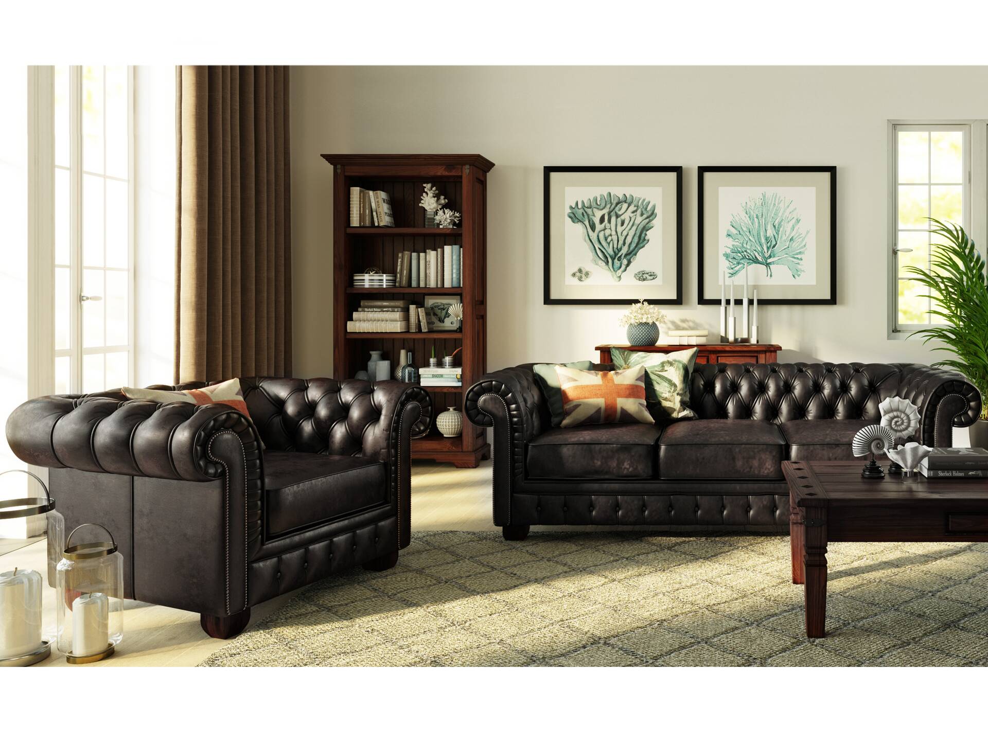 CHESTERFIELD Echtleder 3-Sitzer Sofa BRADFORD, antikbraun 