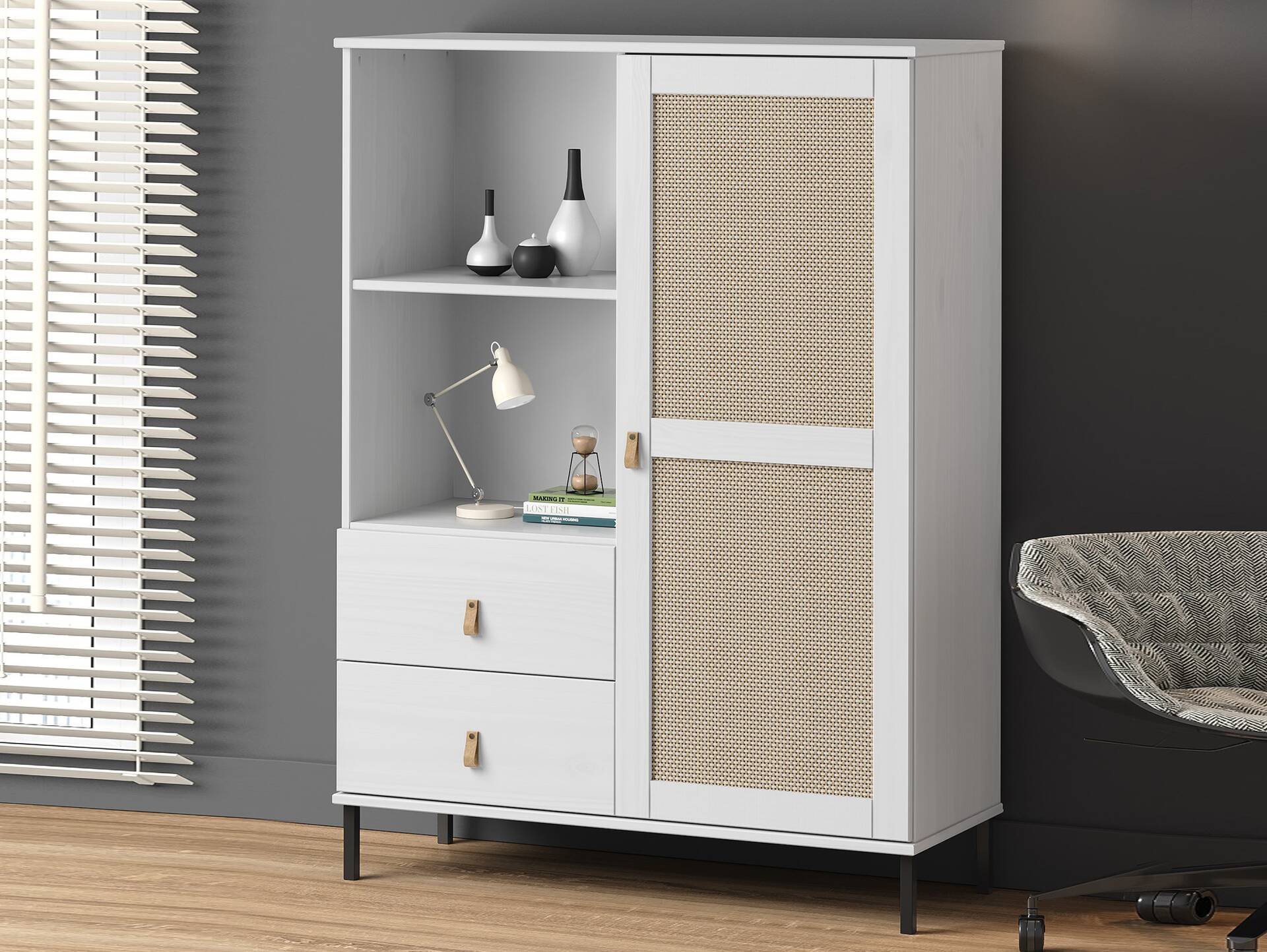 CINOY Highboard I, Material Massivholz, Kiefer lackiert weiss