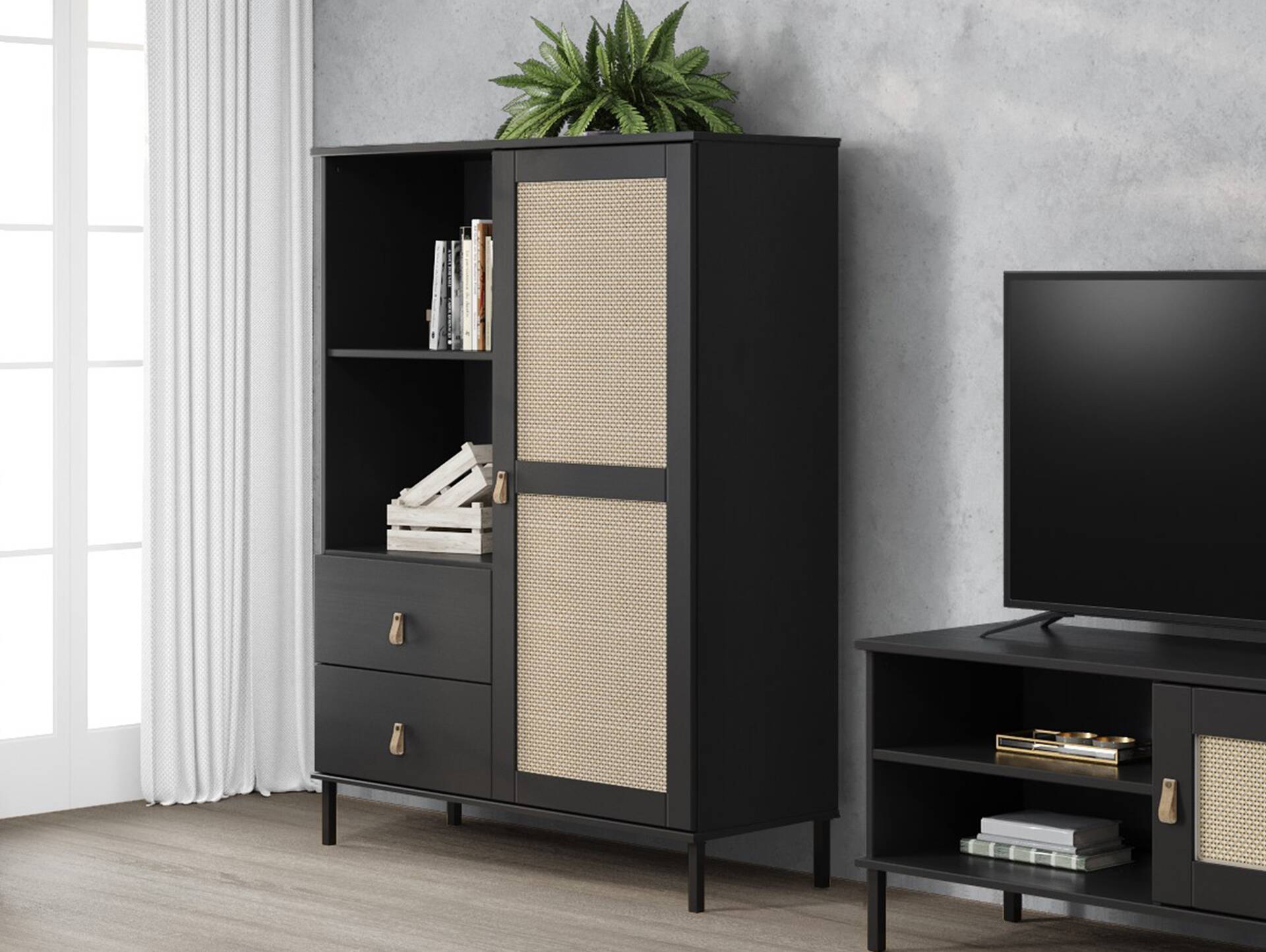 CINOY Highboard I, Material Massivholz, Kiefer lackiert schwarz