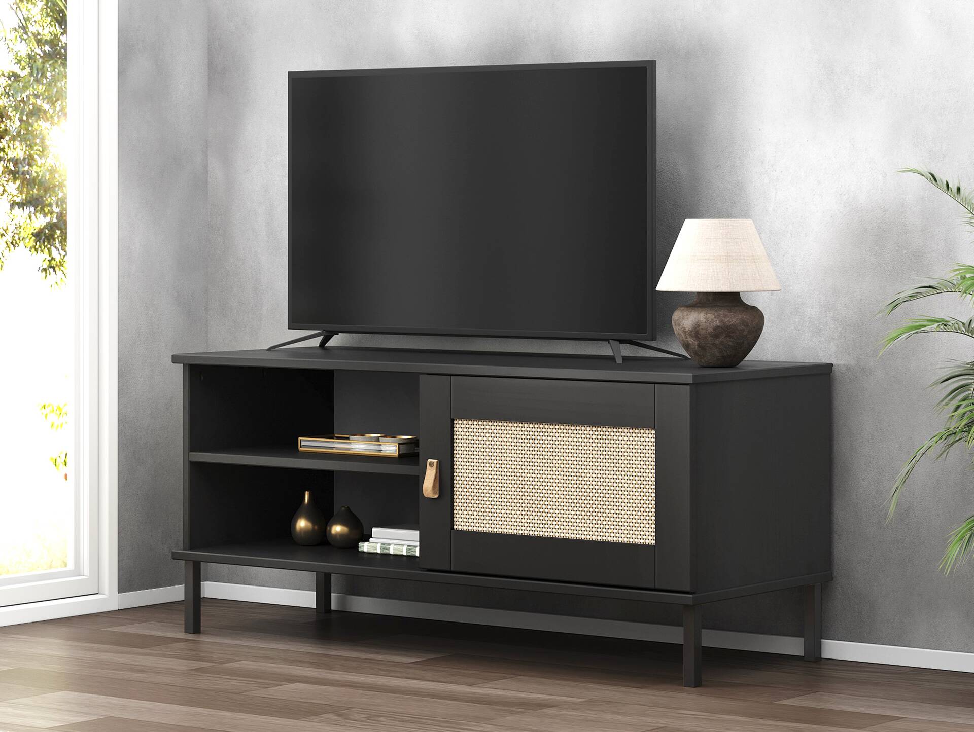 CINOY TV-Board I, Material Massivholz, Kiefer lackiert schwarz