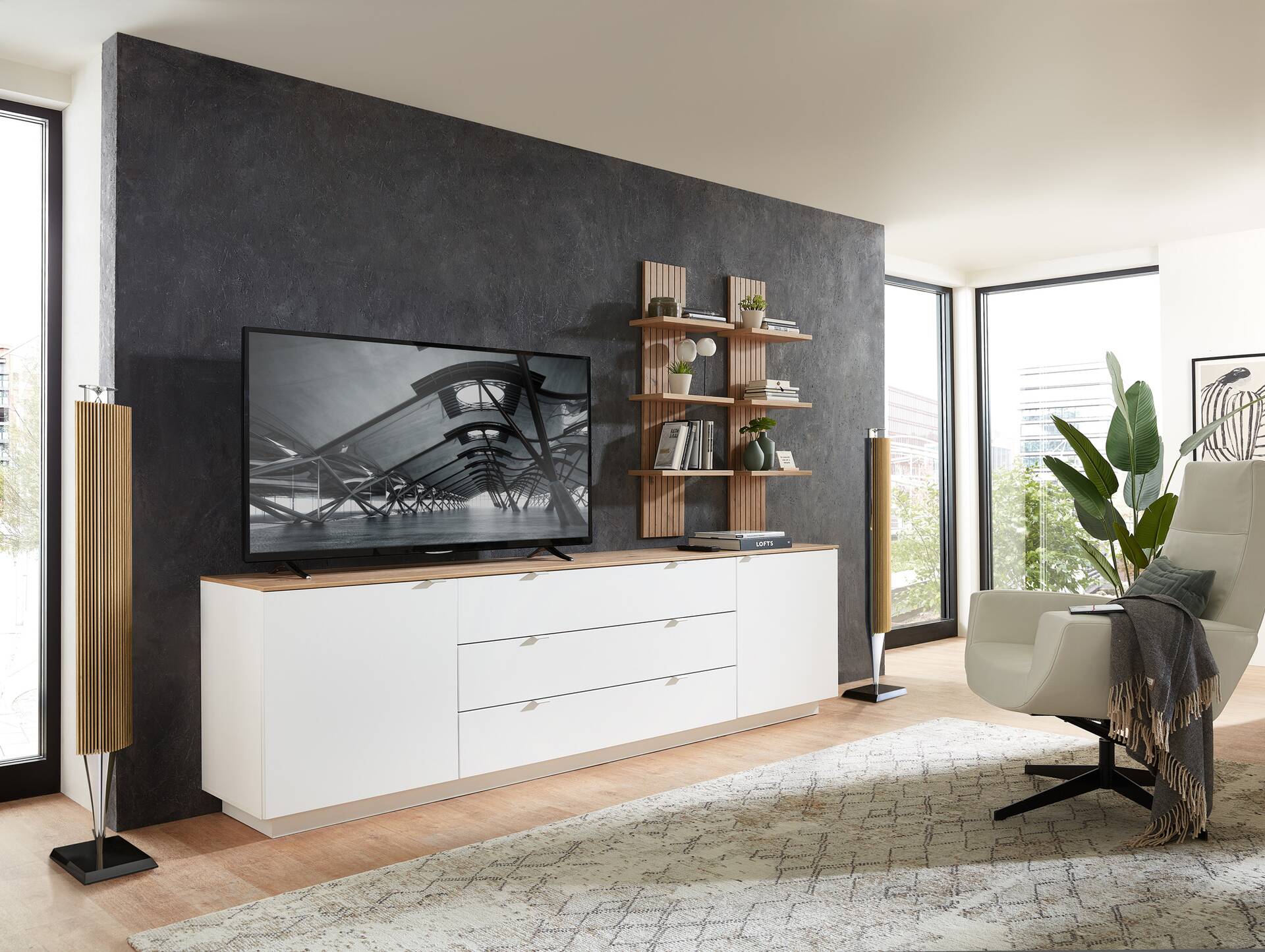 CASSINO TV-Sideboard, Material Dekorspanplatte, Artisan Eiche Nachbildung weiss 