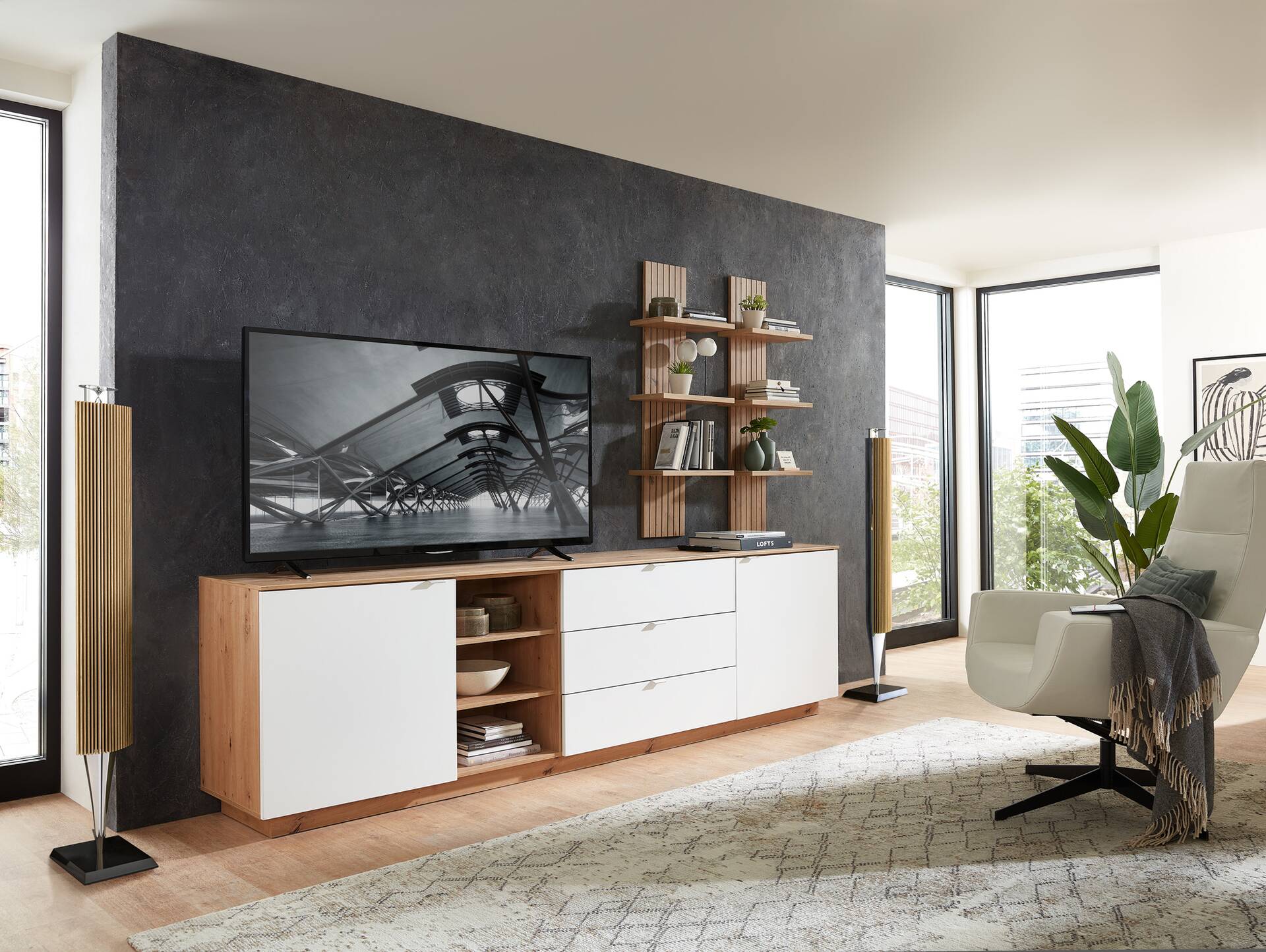 CASSINO TV-Sideboard II, Material Dekorspanplatte, Artisan Eiche Nachbildung weiss