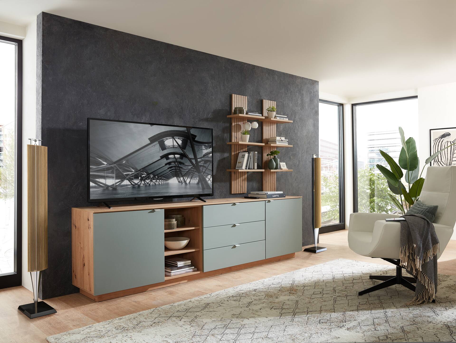 CASSINO TV-Sideboard II, Material Dekorspanplatte, Artisan Eiche Nachbildung schilfgrün