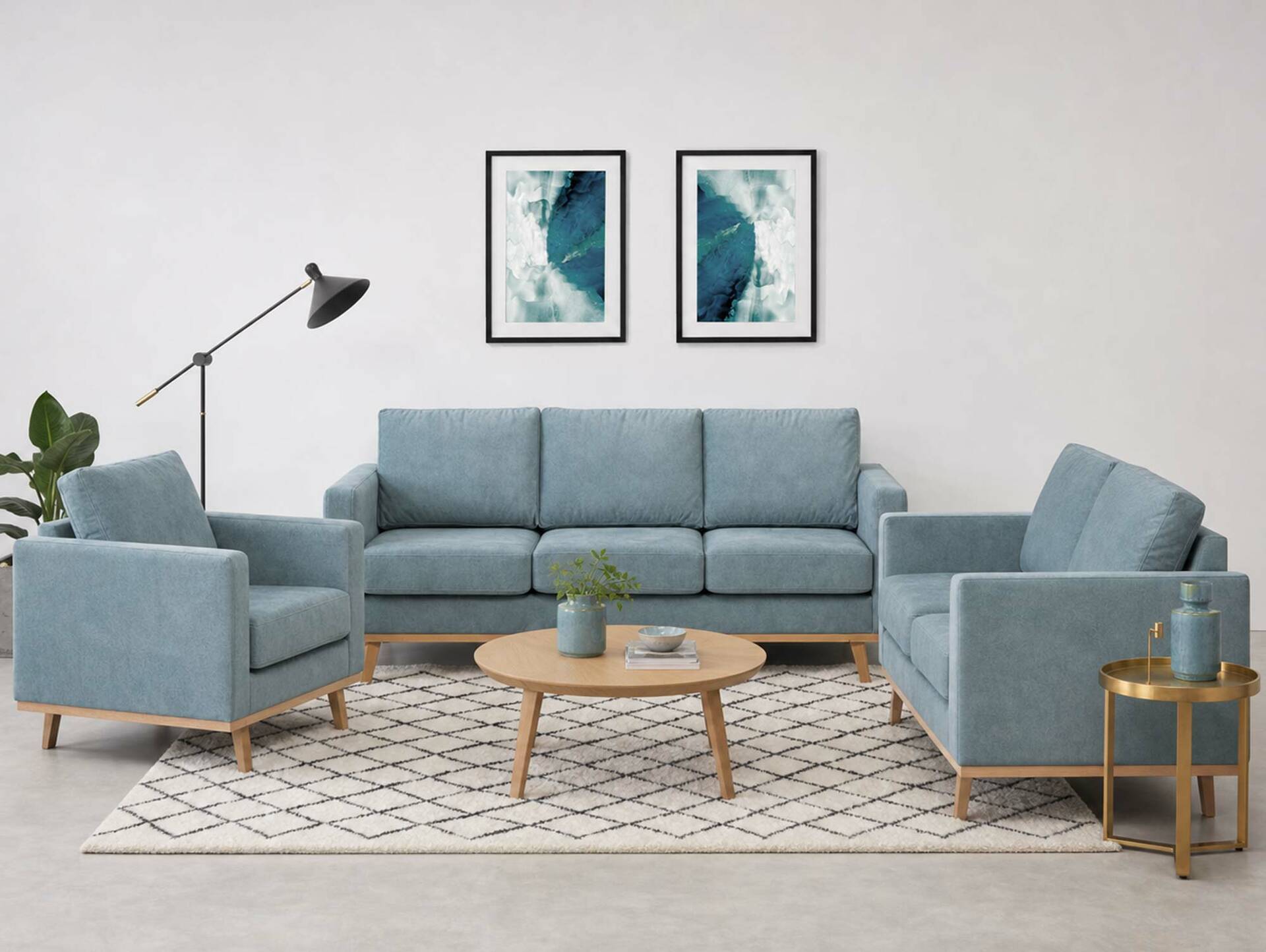CORIN 3-2-1 Sofagarnitur mit Echtholz-Untergestell, Bezug in Velour-Optik Mint
