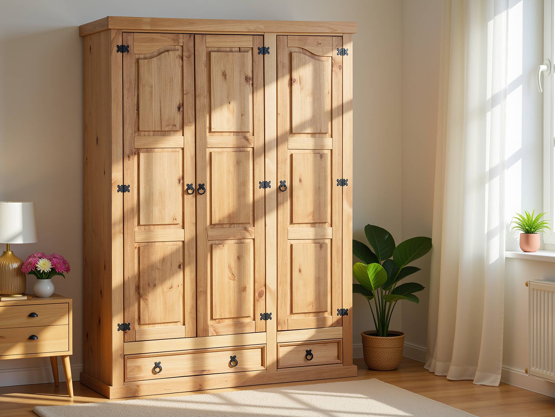 CORTON Kleiderschrank, Material Massivholz, Kiefer gewachst Honigfarbig | 2-türig