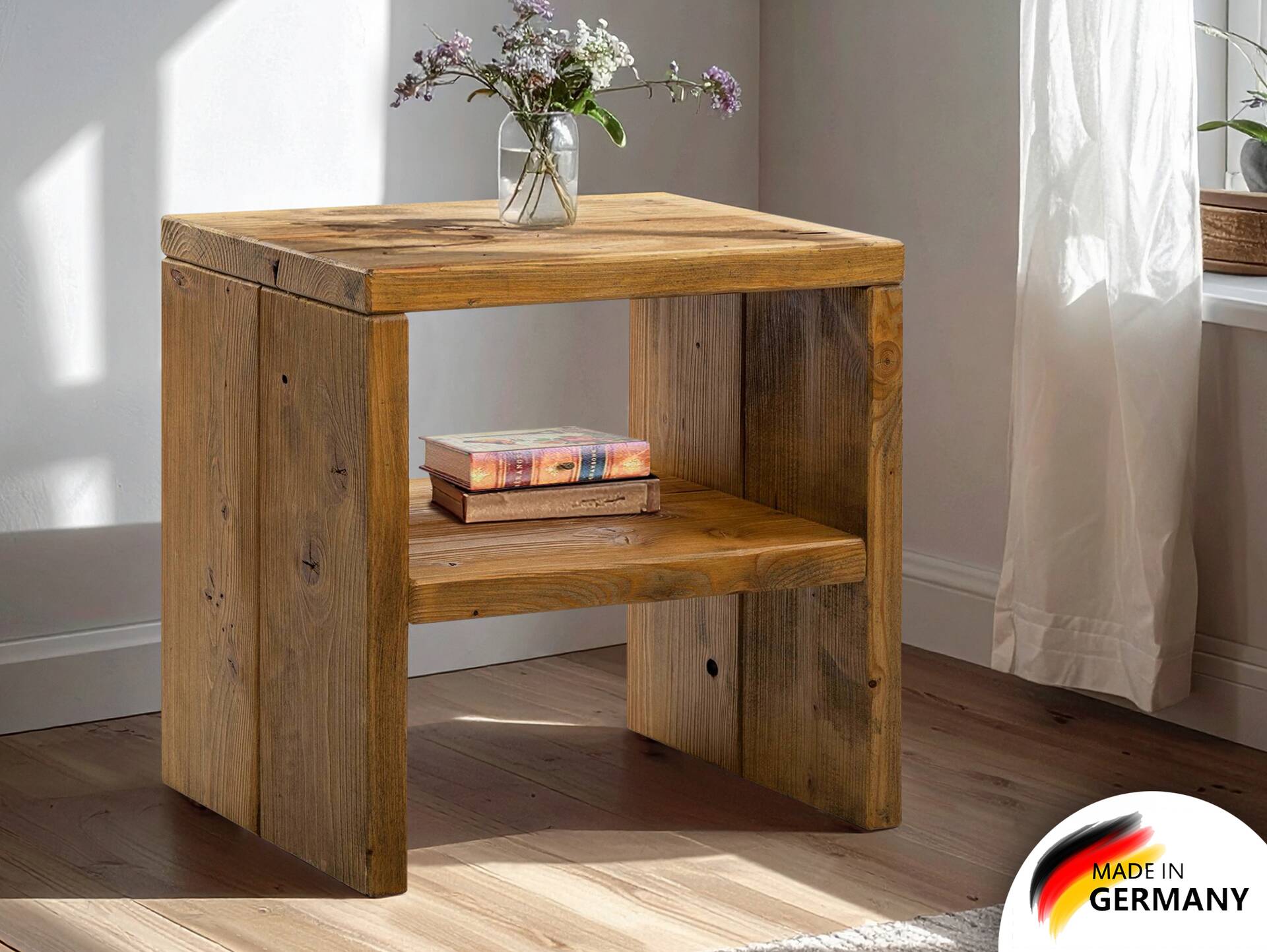 CURBY Nachtkommode, rustikale Altholzoptik, Material Massivholz, Fichte vintage