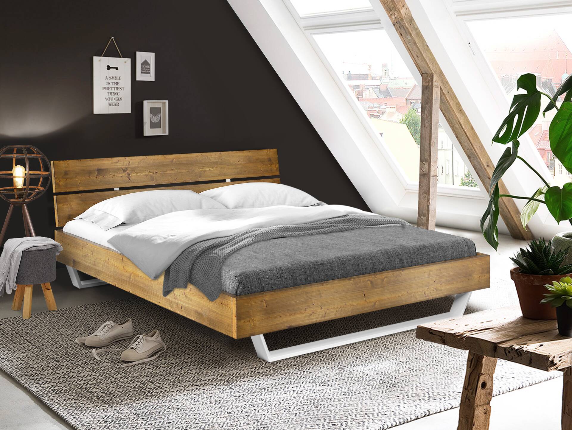 CURBY Kufenbett mit Kopfteil, Material Massivholz, rustikale Altholzoptik, Kufen weiss 180 x 200 cm | vintage