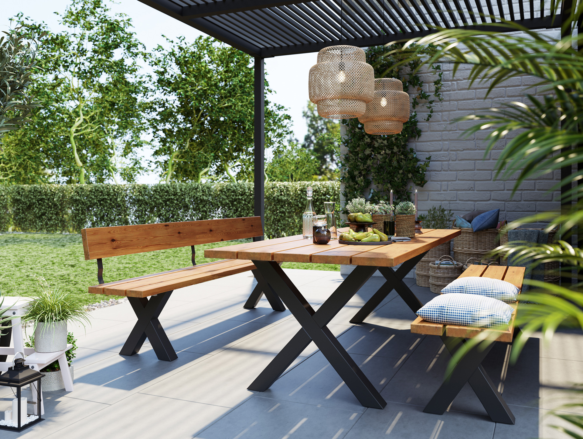 KENTUCKY Gartengarnitur mit X-Beinen, Altholzoptik, Material Massivholz, THERMO-Fichte lackiert 160 cm | ohne Rückenlehne | natur