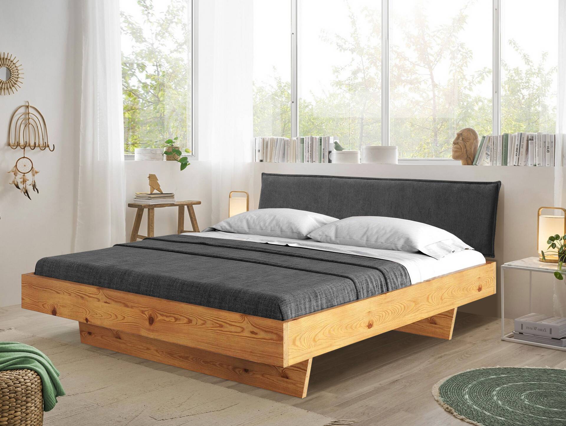 CURBY Wangenbett mit Polsterkopfteil, Material Massivholz, rustikale Altholzoptik, Fichte gebürstet 120 x 200 cm | natur | Stoff Anthrazit ohne Steppung