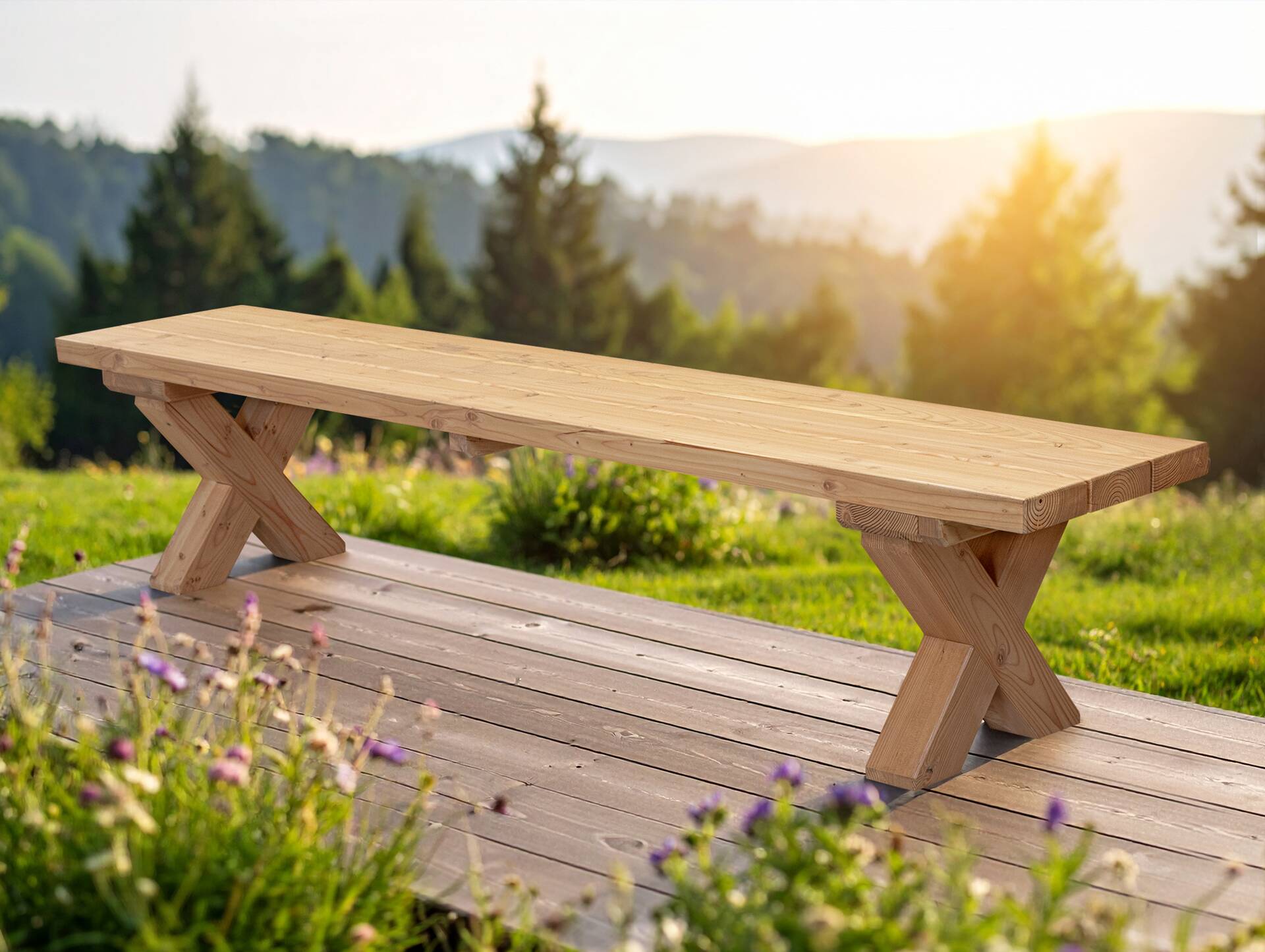 CANCUN PLUS Gartengarnitur mit X-Beinen, Material Massivholz, Lärche 200 cm | Natur | mit/ohne Rückenlehne