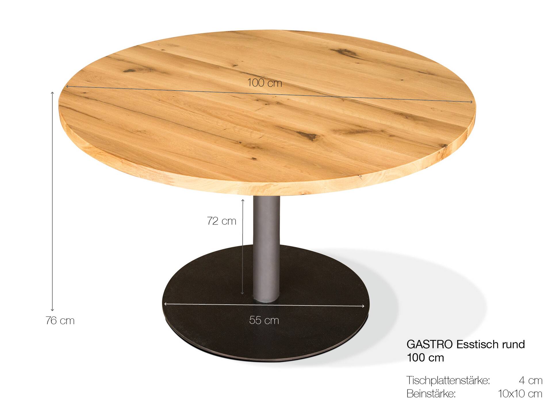 GASTRO Esstisch rund, Material Massivholz/Metall, Eiche lackiert 100 cm
