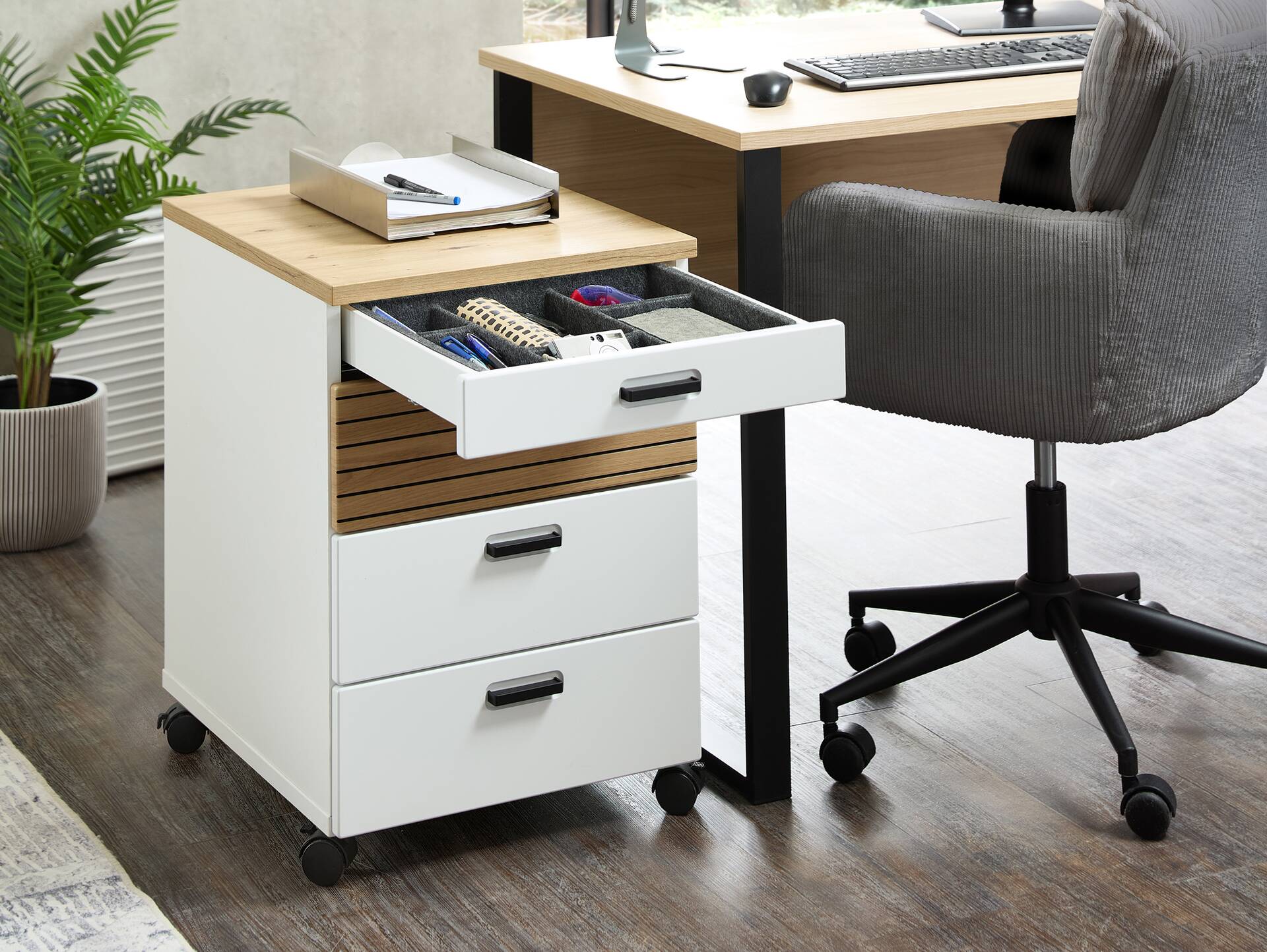 GENNY Rollcontainer, Material Dekorspanplatte Weiss / Artisan Eichefarbig