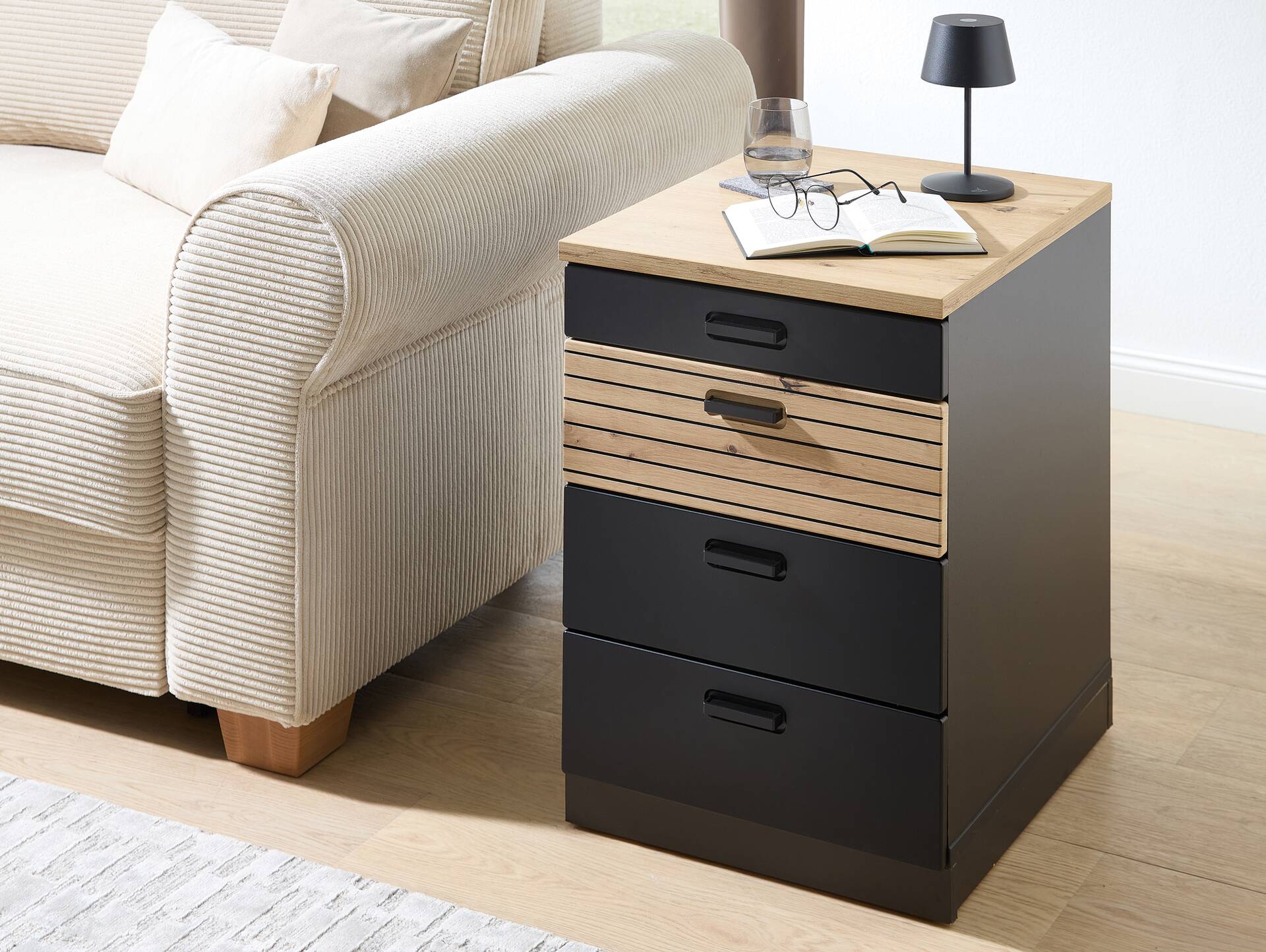 GENNY Rollcontainer, Material Dekorspanplatte Schwarz / Artisan Eichefarbig