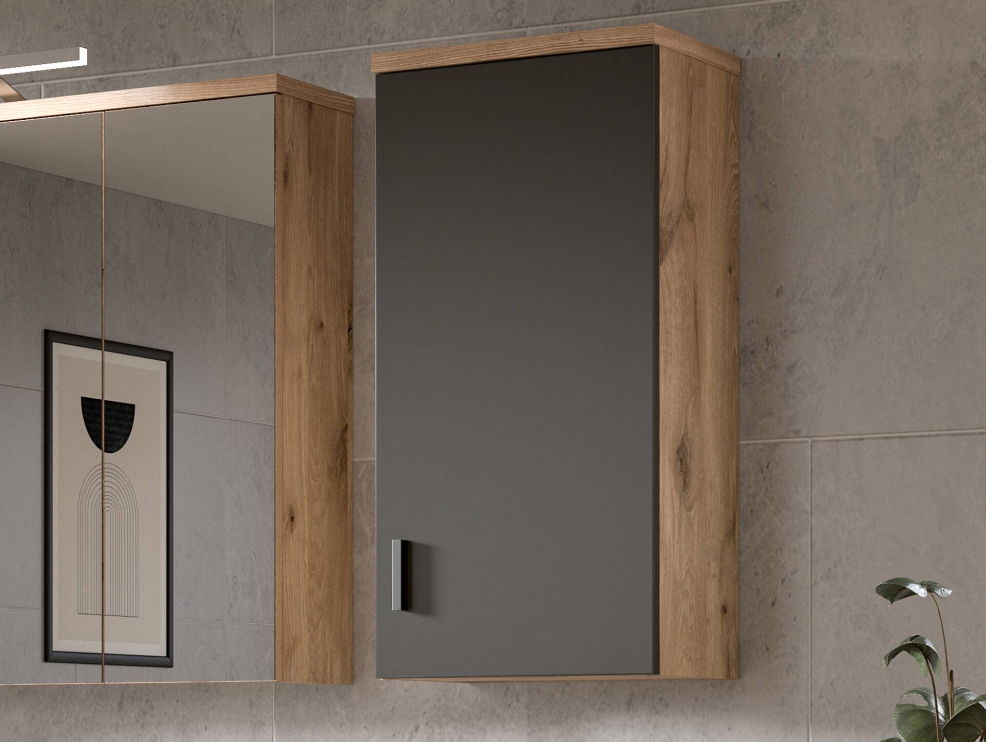 GOLDENBAY Hängeschrank fürs Badezimmer, Material Dekorspanplatte, Nox Oak Nachbildung/Grau matt 