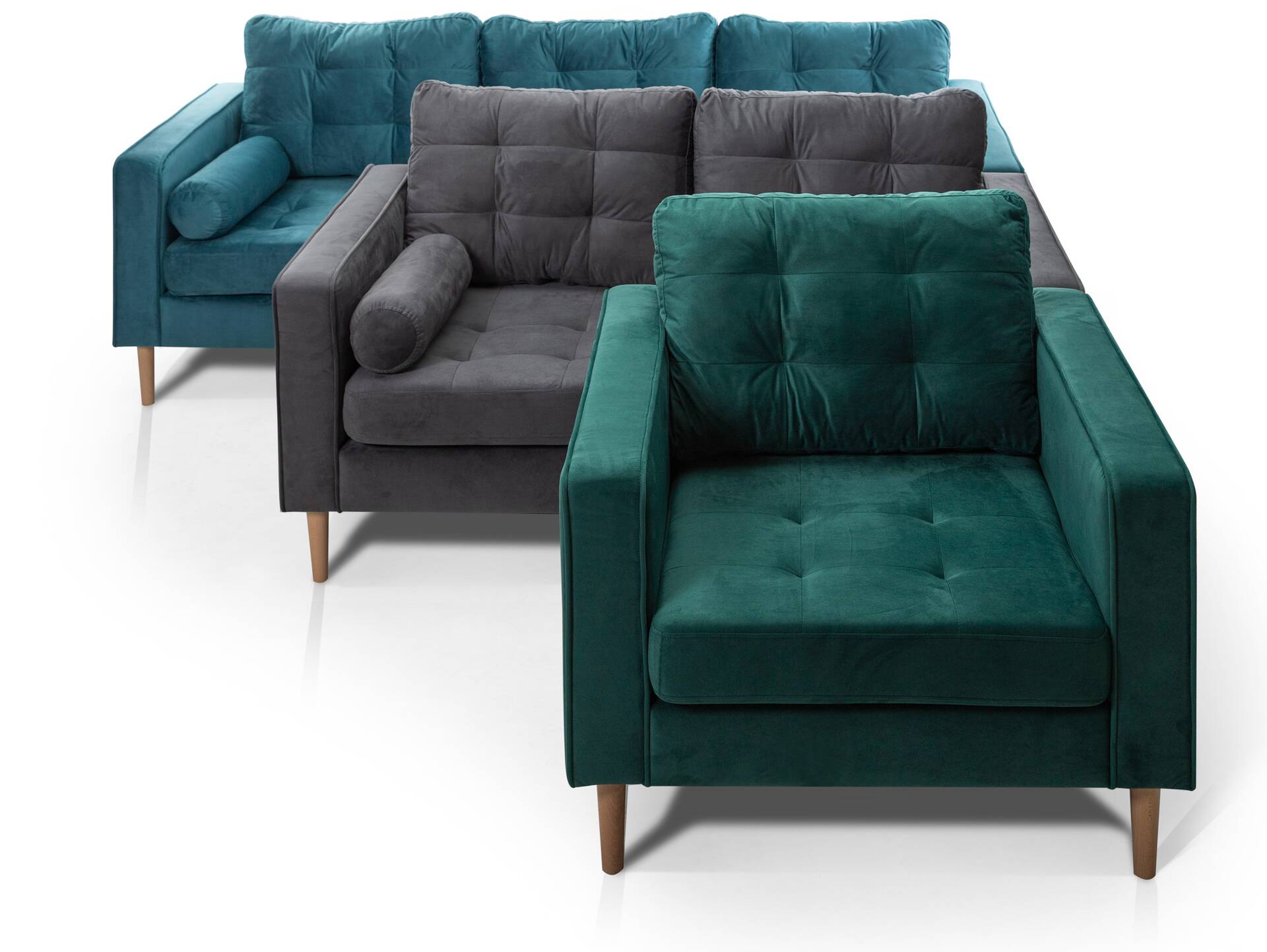 GLAMMI 2-Sitzer Sofa mit Samtbezug, Füße Buche massiv Grau