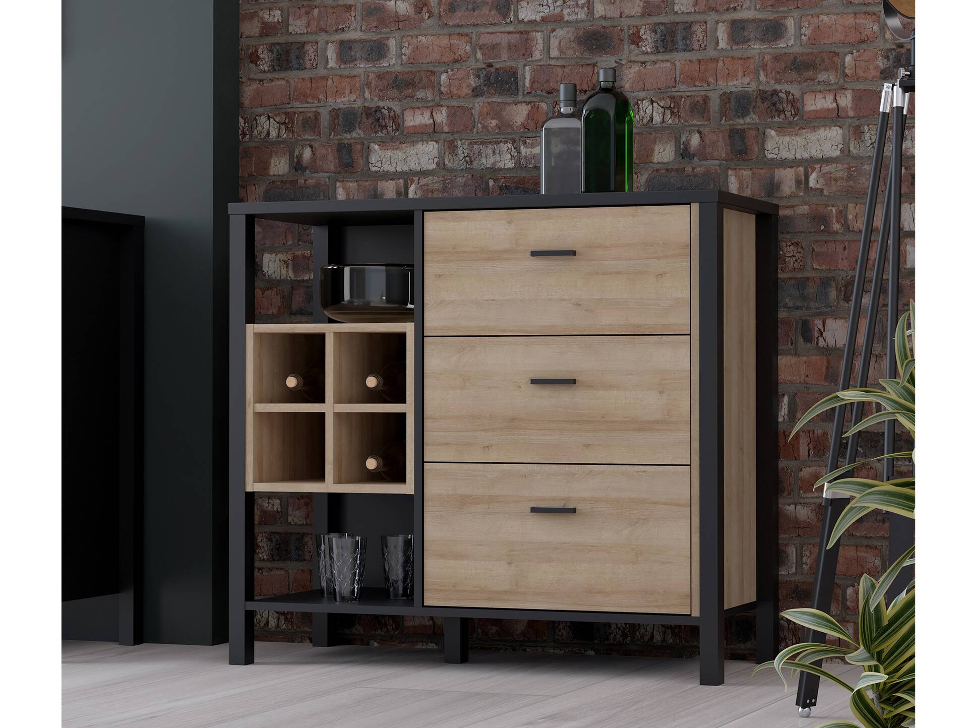 HAVANO Kommode, Material Dekorspanplatte, Riviera Eichefarbig/ schwarz 