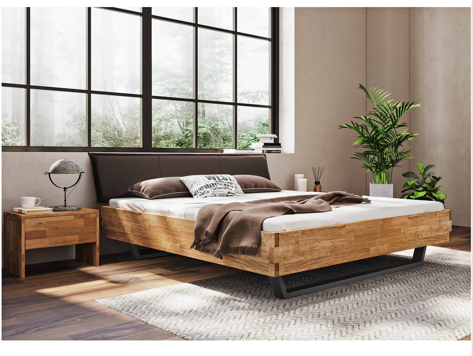 CORDINO Kufenbett aus Eiche mit Polsterkopfteil, Material Massivholz 90 x 200 cm | Eiche unbehandelt | Kunstleder Braun ohne Steppung | gehackt
