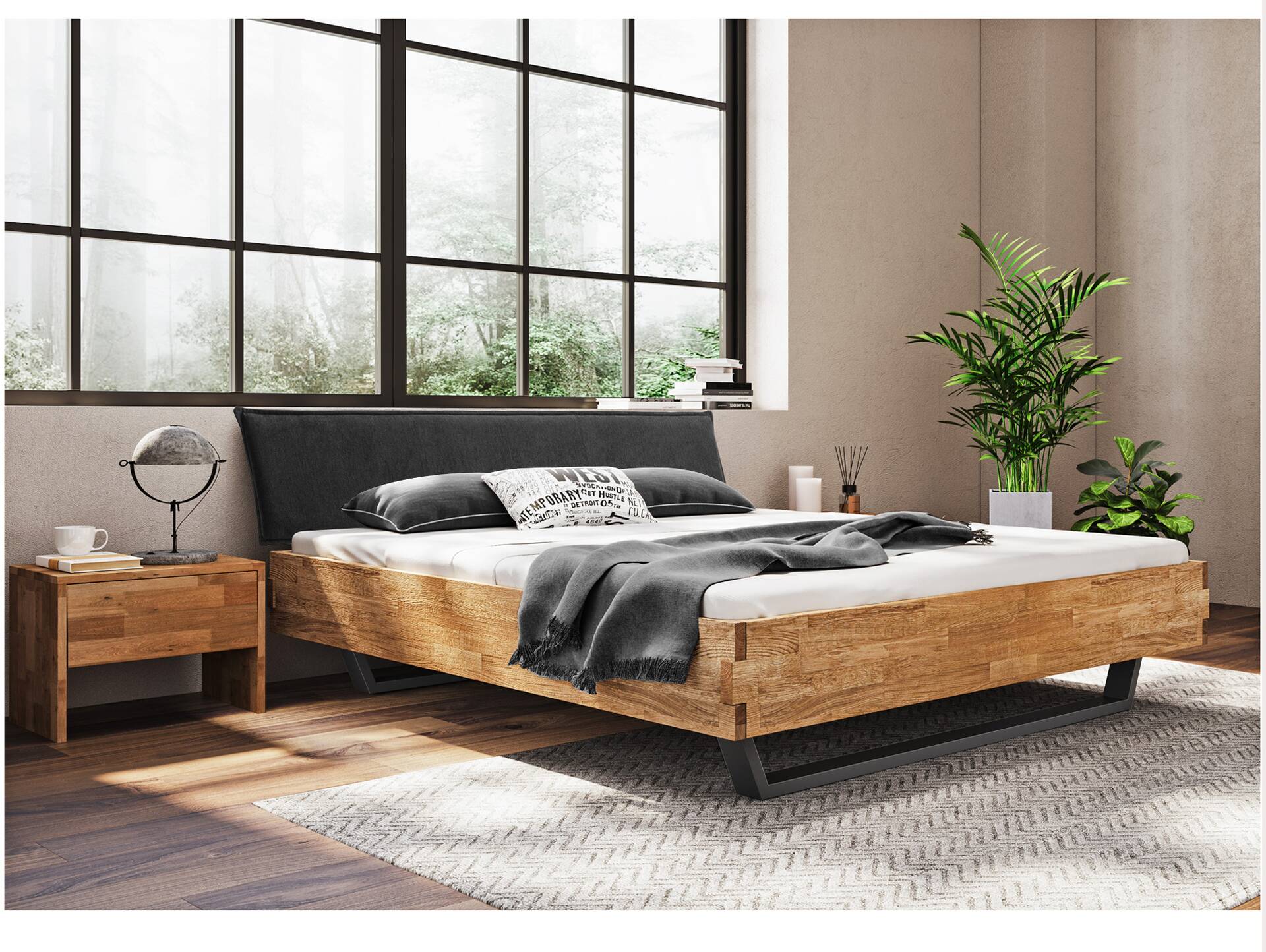 CORDINO Kufenbett aus Eiche mit Polsterkopfteil, Material Massivholz 140 x 200 cm | Eiche lackiert | Stoff Anthrazit | gehackt