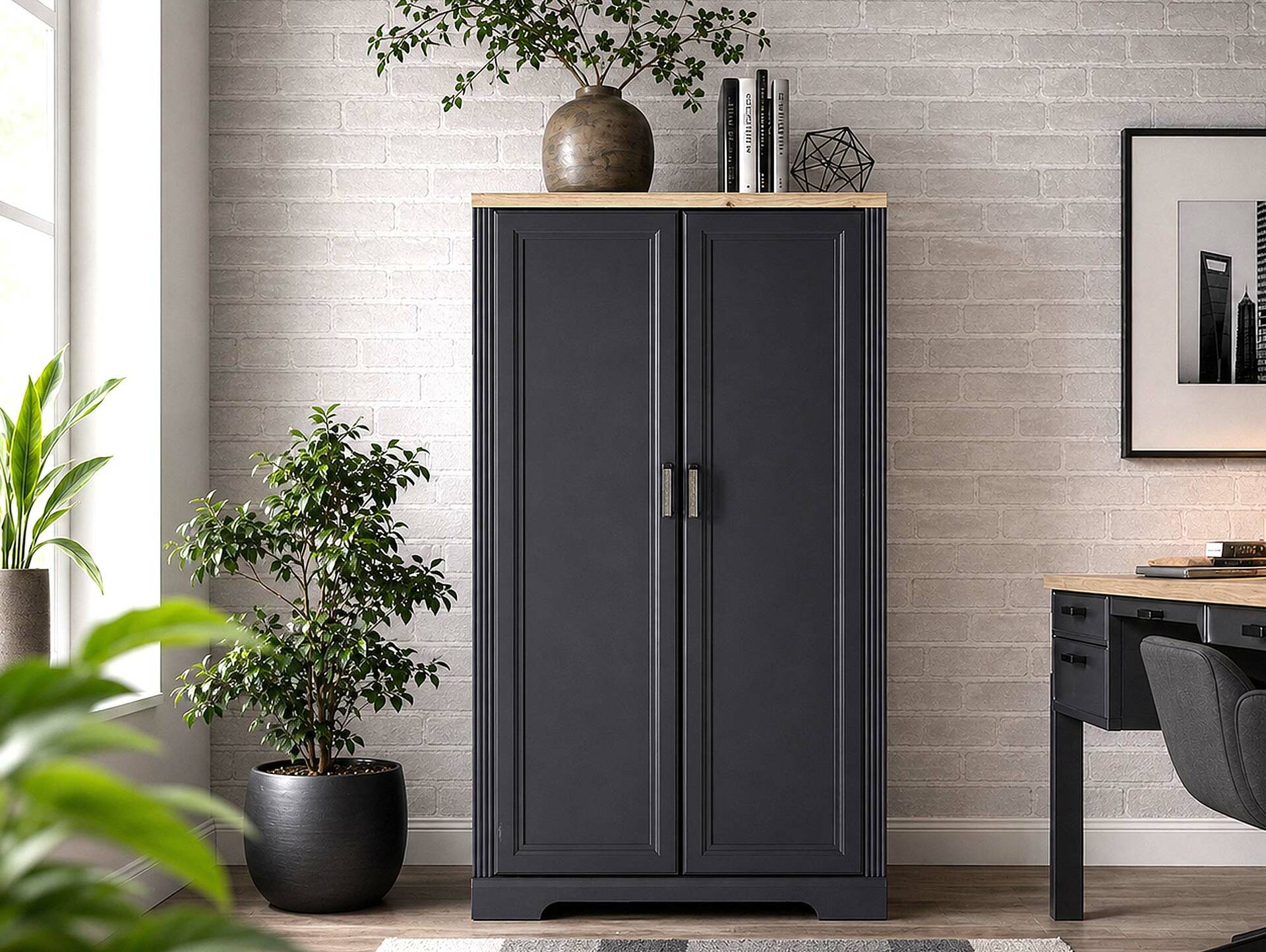 JADY Bürokommode mit 2 Türen, Material MDF/Dekorspanplatte graphitfarbig/eichefarbig