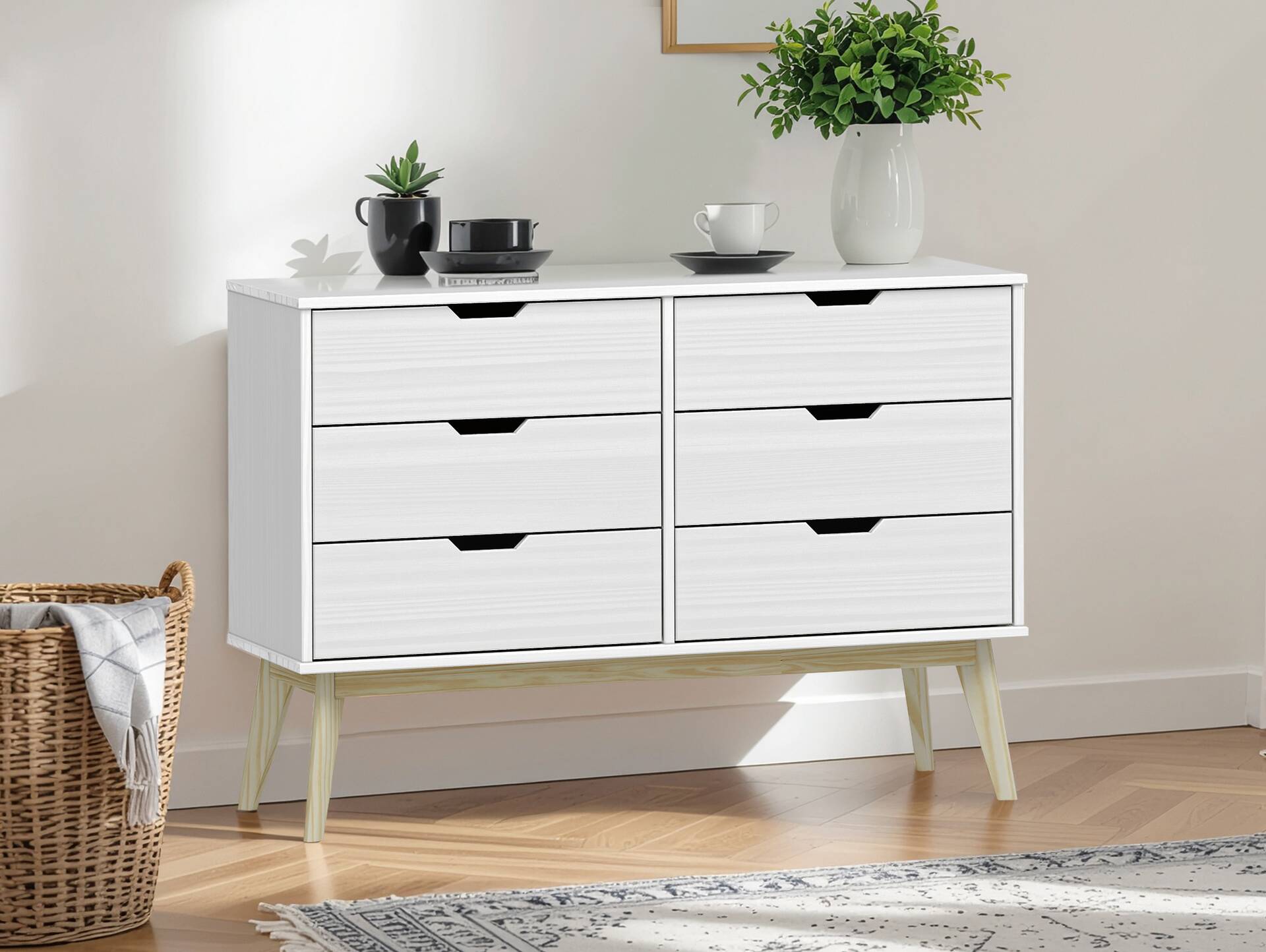 BARNY Kommode 6 Schubkästen, Material Massivholz, Kiefer Kiefer weiss lackiert