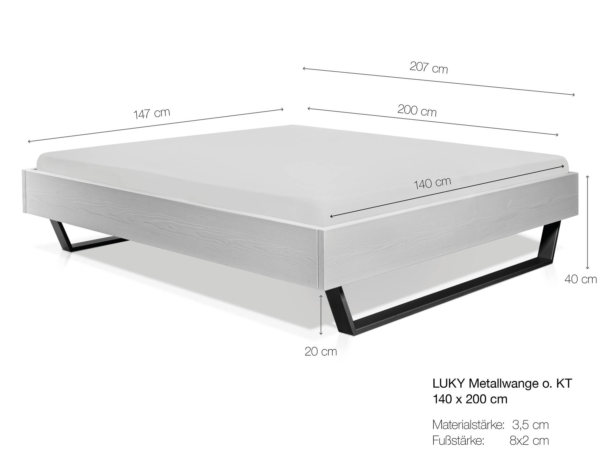 LUKY 4-Fuß-Bett mit Polster-Kopfteil, Material Massivholz, Fichte massiv 140 x 200 cm | natur | Kunstleder Schwarz