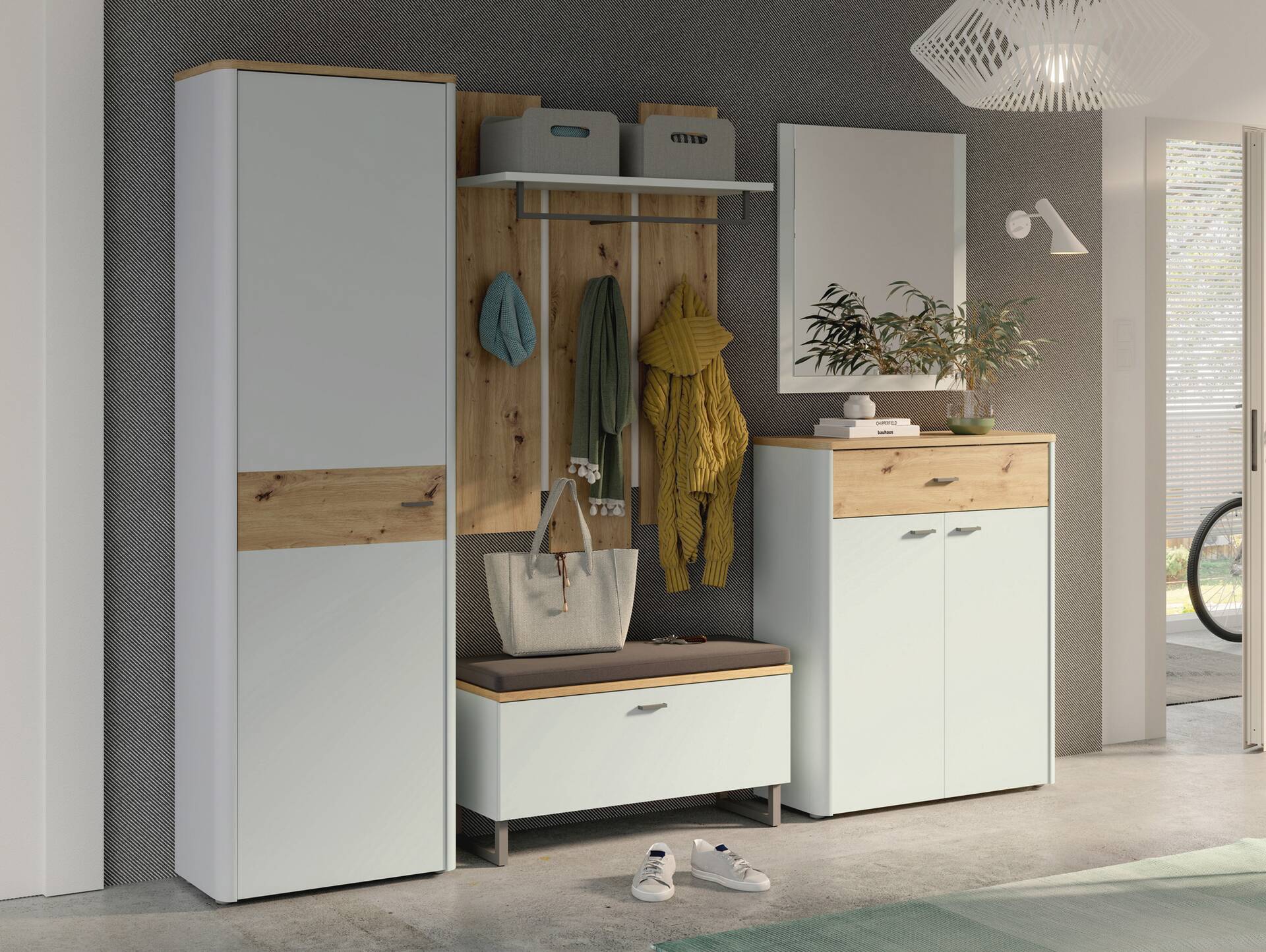 LORDANA Garderobenschrank, Material Spanplatte, Artisan Eiche Nachbildung/lichtgrau 