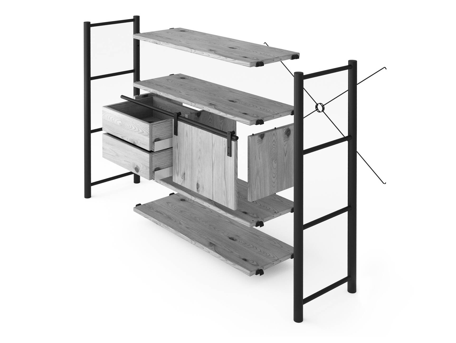 LIVERPOOL 4er Regal-Kombi, Highboard aus Massivholz Thermo-Fichte, Metall schwarz Natur