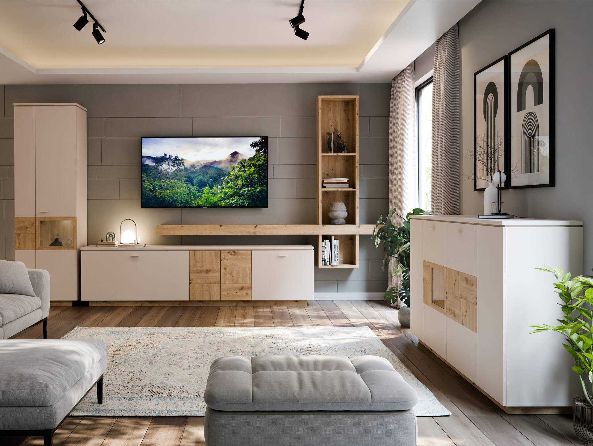 LEANDRO Highboard , Material Spanplatte, Dekor Sand/Artisan Eichefarbig 