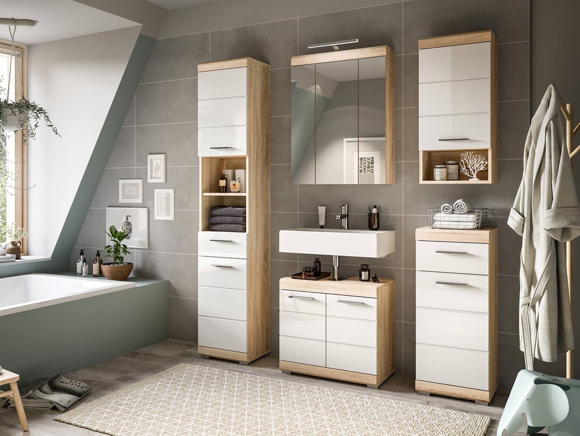 LUCERA Hängeschrank fürs Badezimmer, Material Dekorspanplatte, Weiss/Eiche Sonoma Nachbildung 