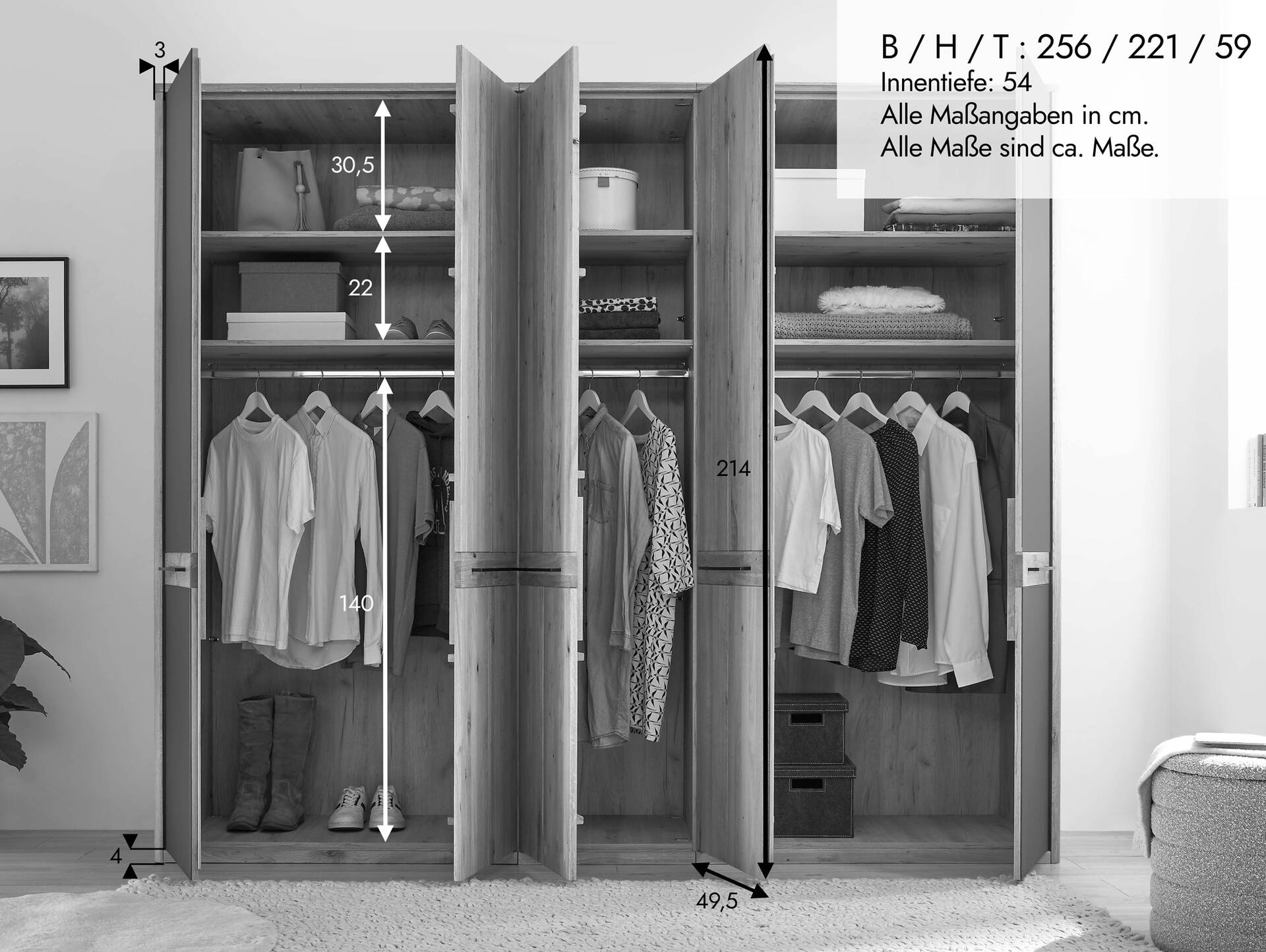 FLORENZ Kleiderschrank 5-türig, Material Teilmassiv Wildeiche/Kaschmir