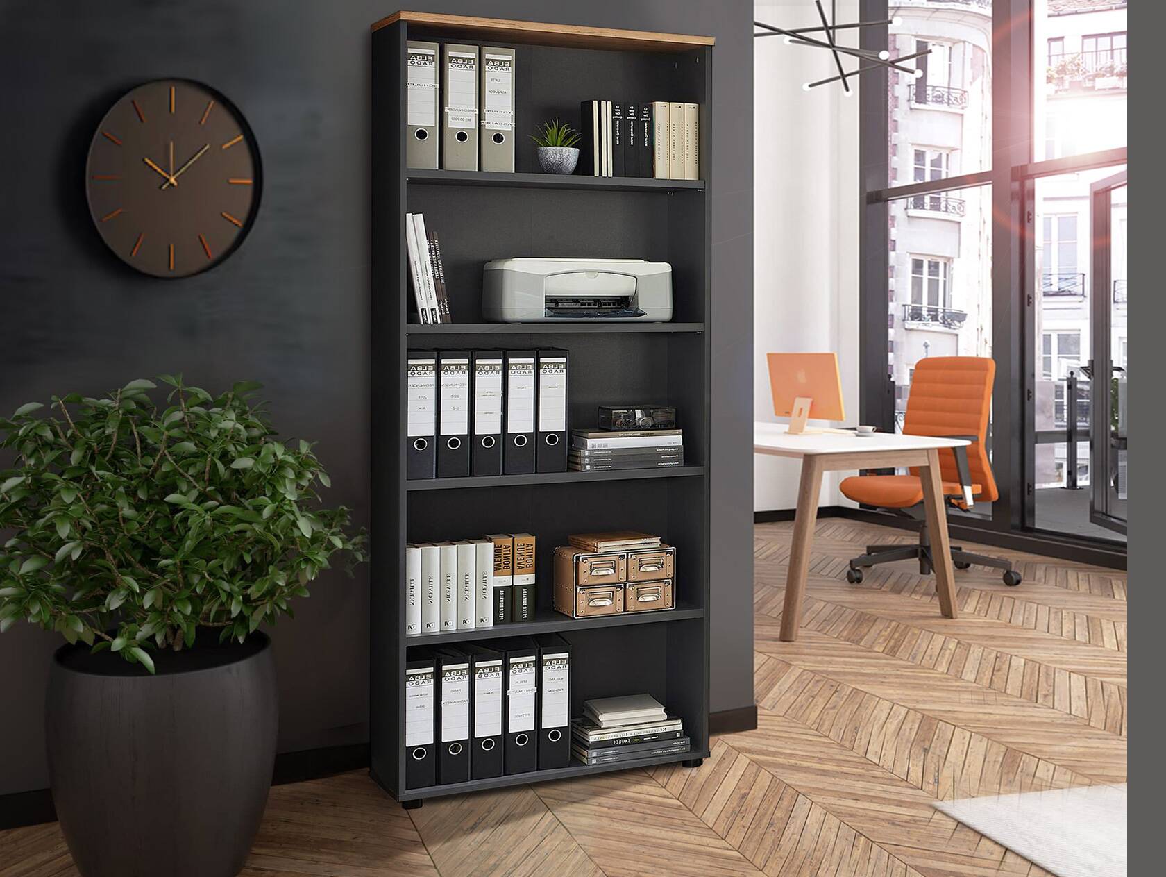 MAILAND Büroregal I, Material Dekorspanplatte Artisan Eichefarbig / Graphit