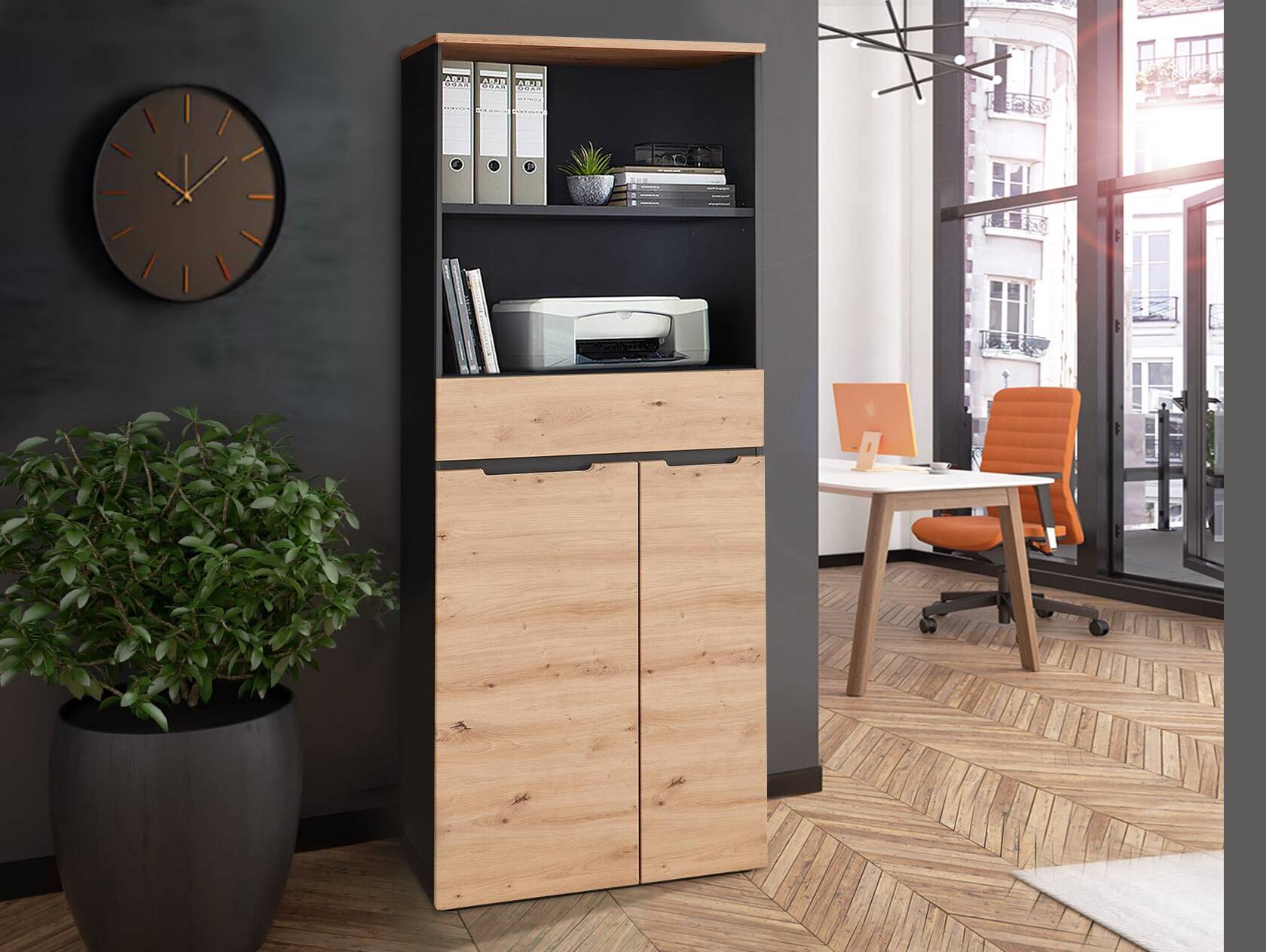 MAILAND Büroschrank II, Material Dekorspanplatte Artisan Eichefarbig / Graphit