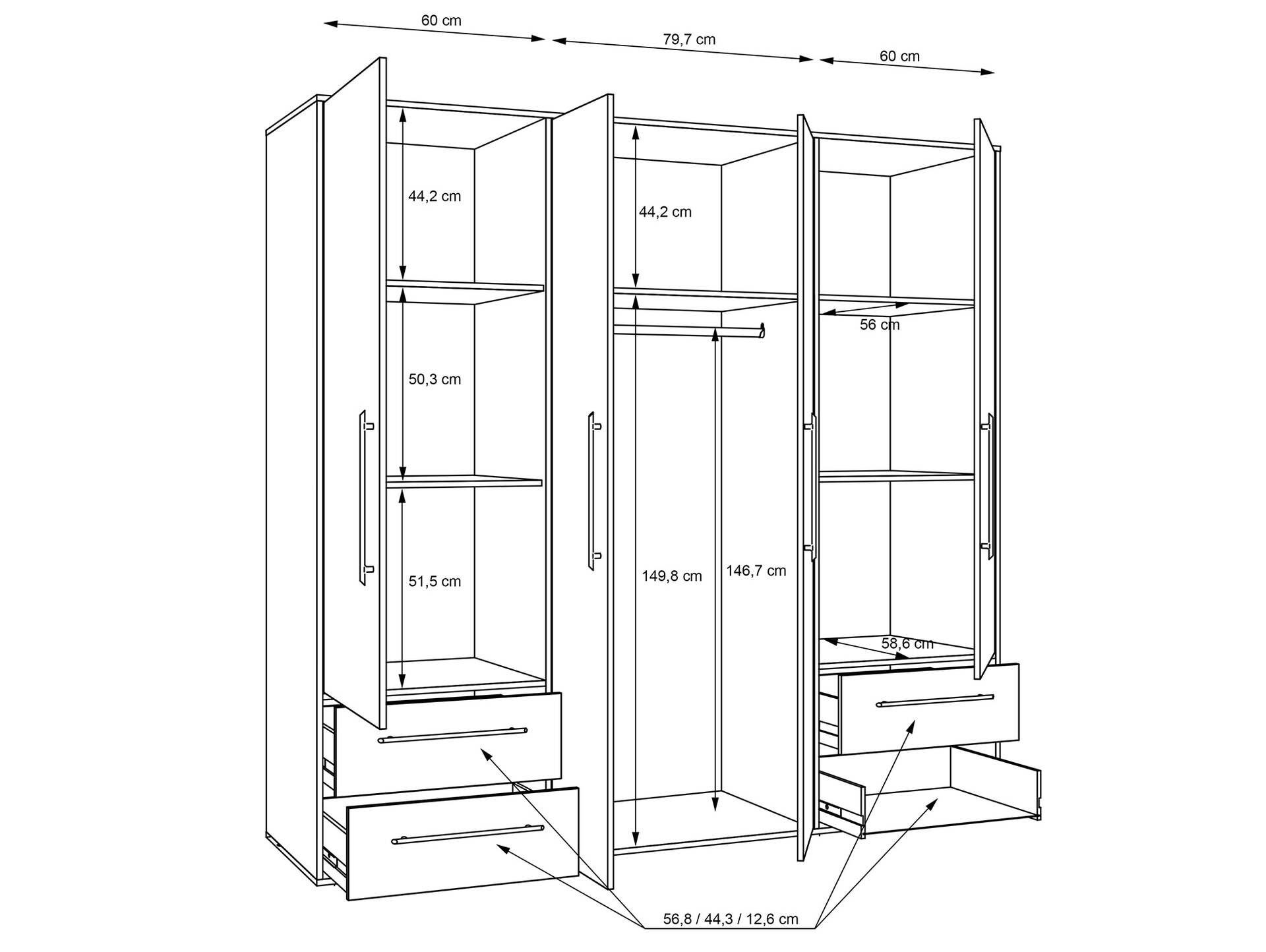 MANIKO Kleiderschrank, Material Dekorspanplatte 4-türig | weiss