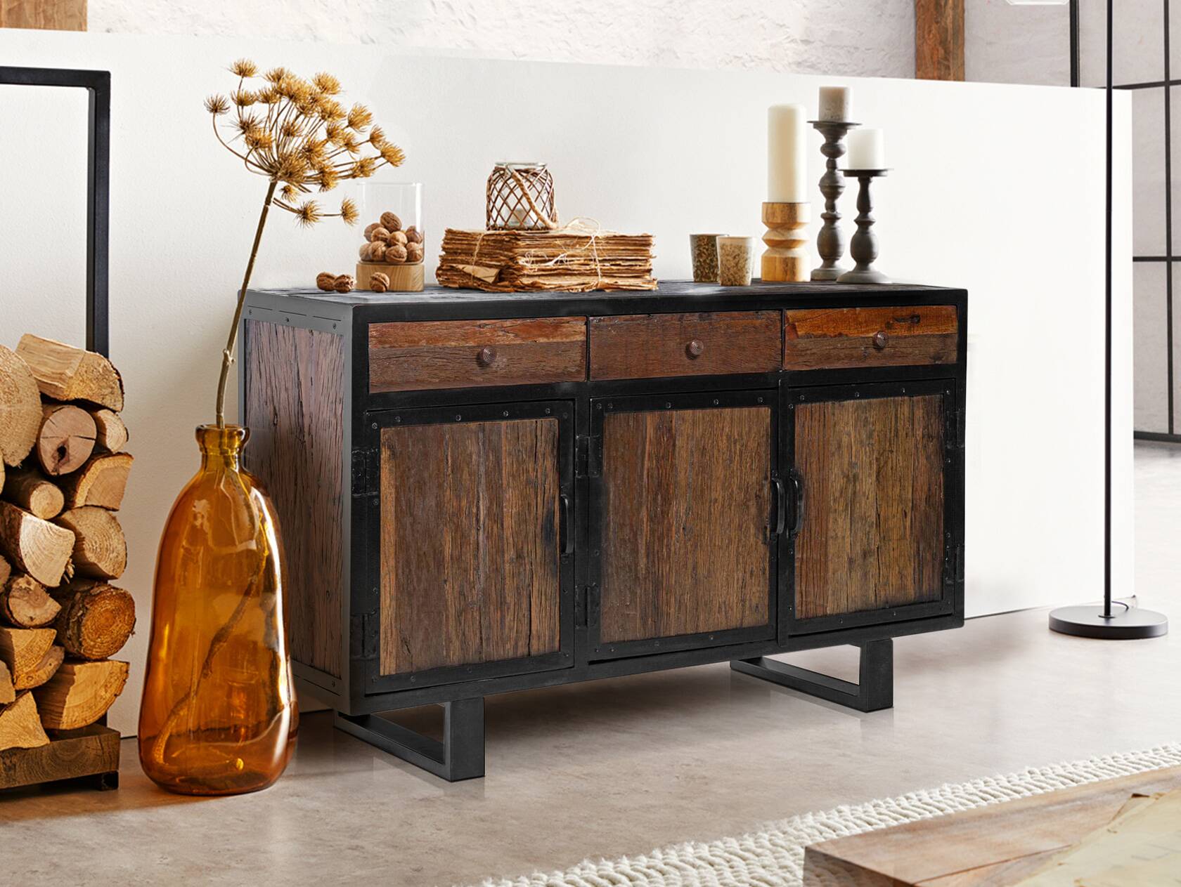 MATISO Sideboard, Material Recyclingholz, Kufenbeine schwarz 