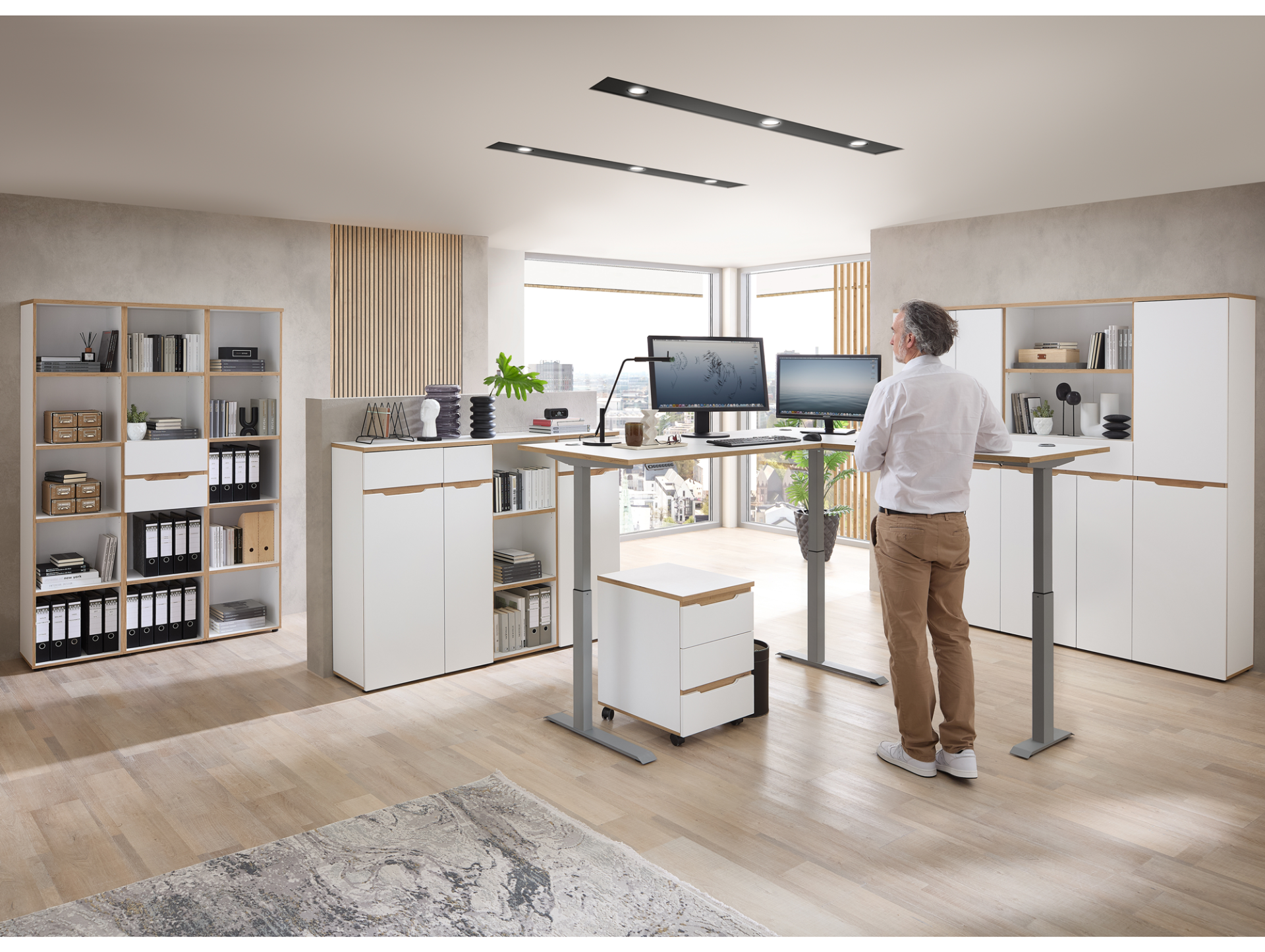 MAILAND höhenverstallbarer Eckschreibtisch, Material Dekorspanplatte, weiß/eichefarbig weiss/eichefarbig