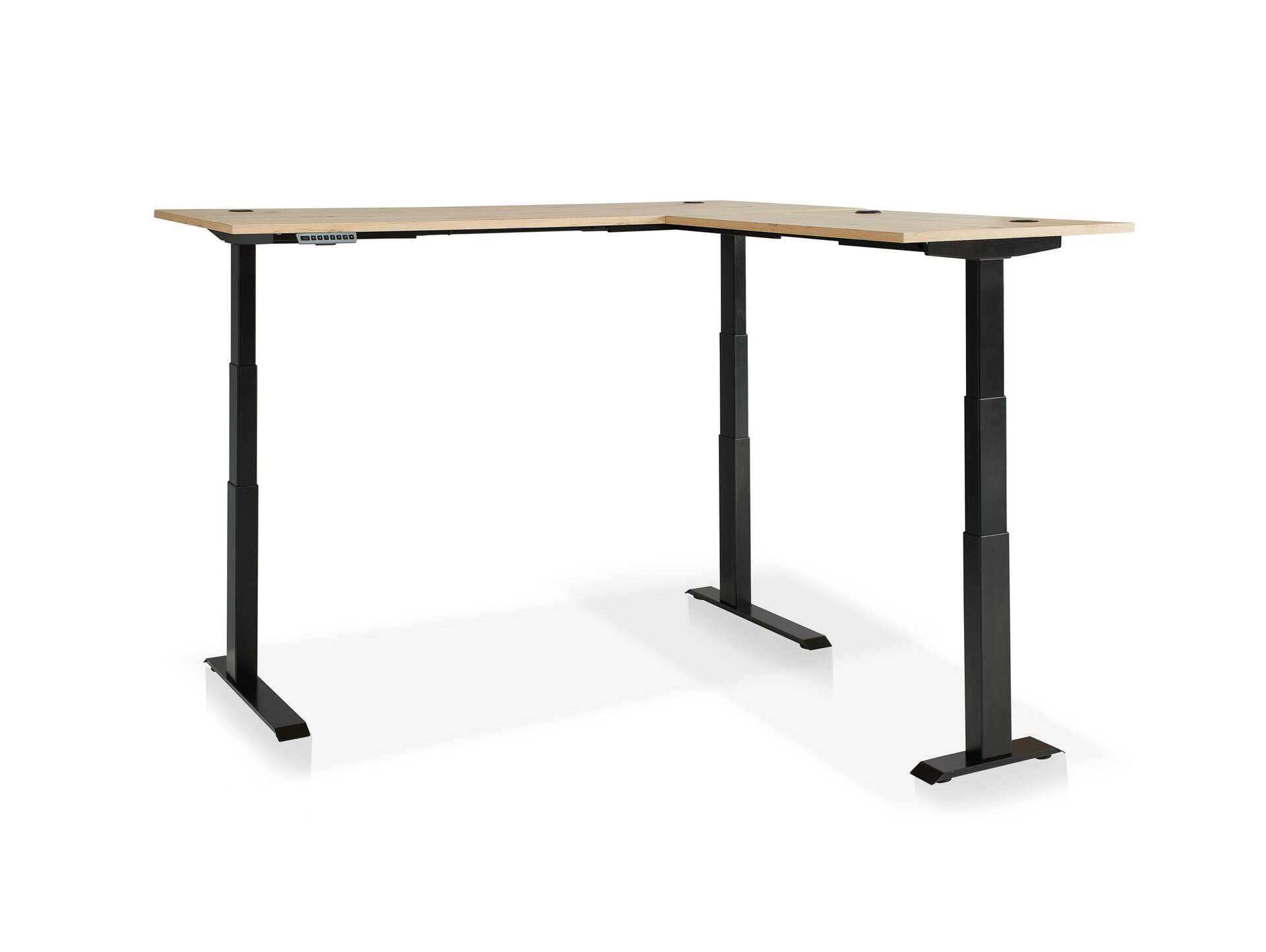 MAILAND höhenverstellbarer Eckschreibtisch, Material Dekorspanplatte, weiß/eichefarbig graphit/eichefarbig