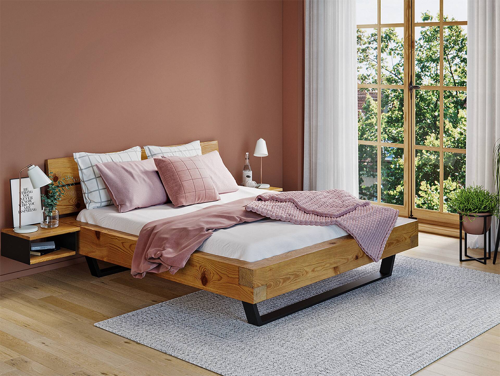 CURBY Balkenbett mit Holz-Kopfteil, Kufenfuß, Material Massivholz 160 x 200 cm | natur