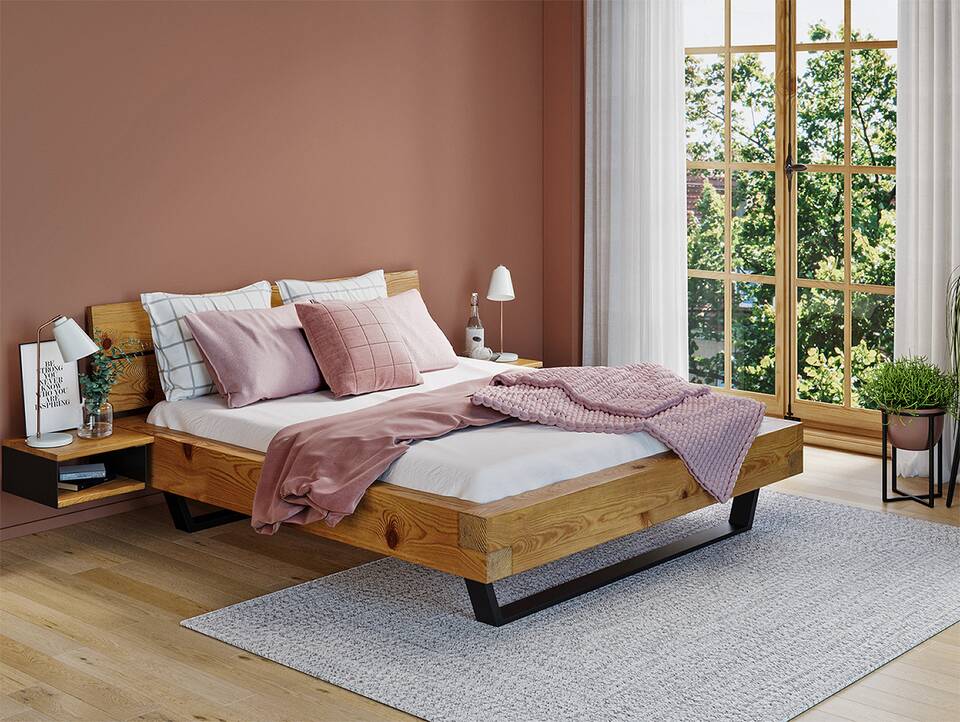 CURBY Balkenbett mit Holz-Kopfteil, Kufenfuß, Material Massivholz 140 x 200 cm | natur