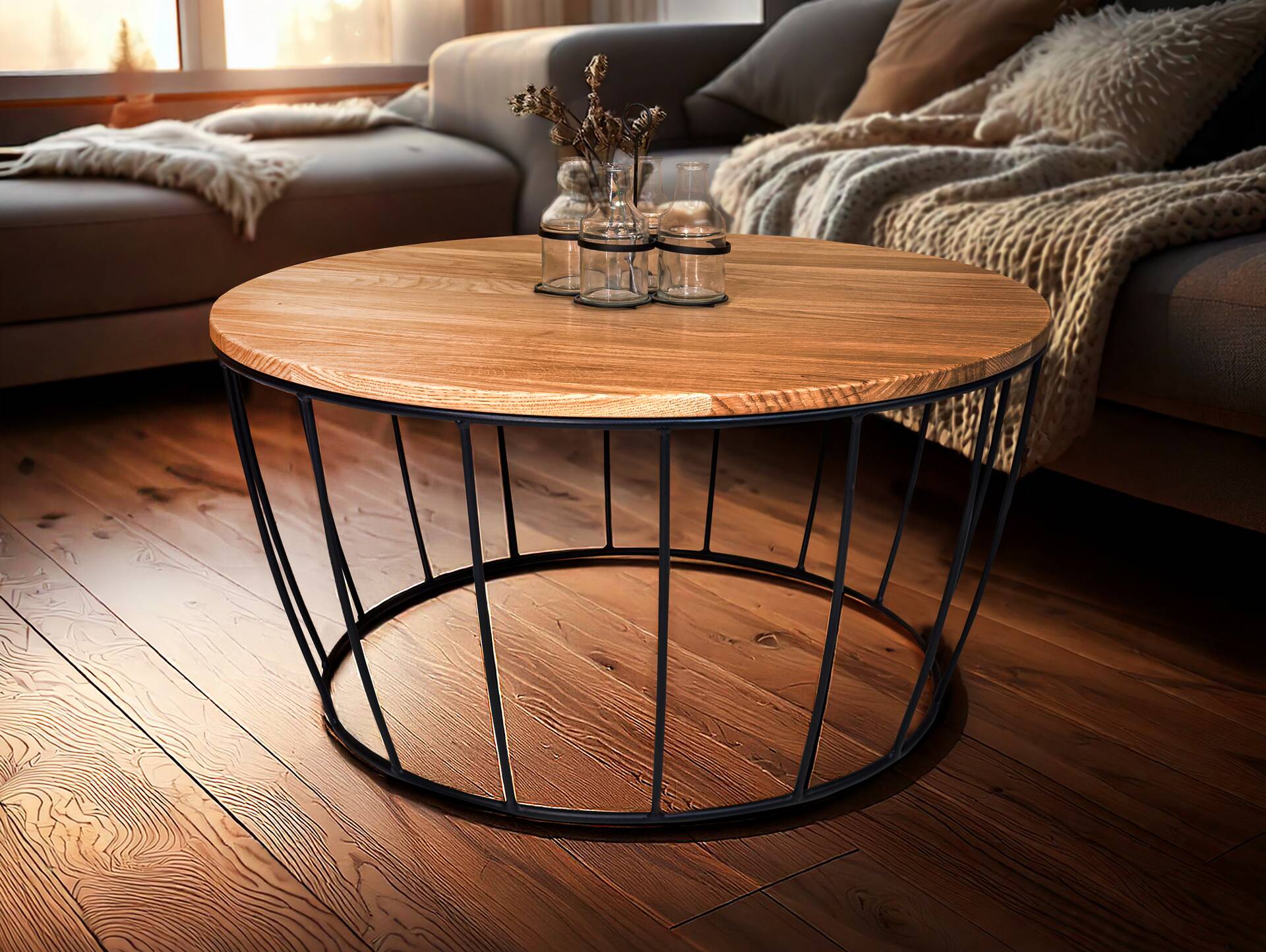 HERMI Couchtisch, Material Massivholz/Metall, Eiche geölt/schwarz 
