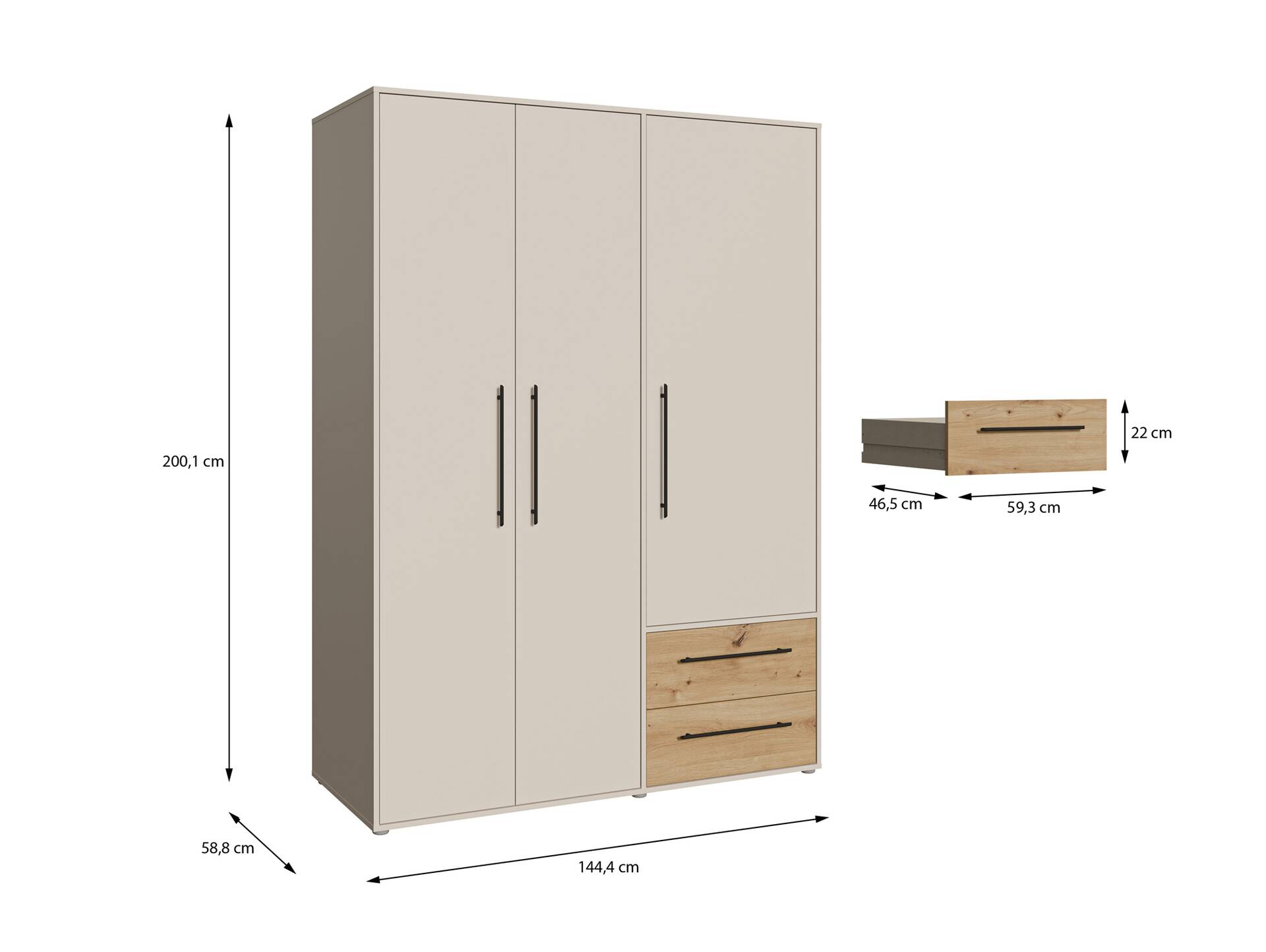 MANIKO Kleiderschrank, Material Dekorspanplatte 3-türig | sand / Artisan eichefarbig