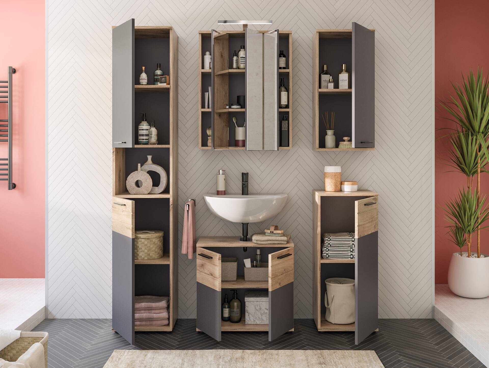 MORANO Badezimmerset I, Material Dekorspanplatte, Nox Oak Nachbildung/Basaltgrau 