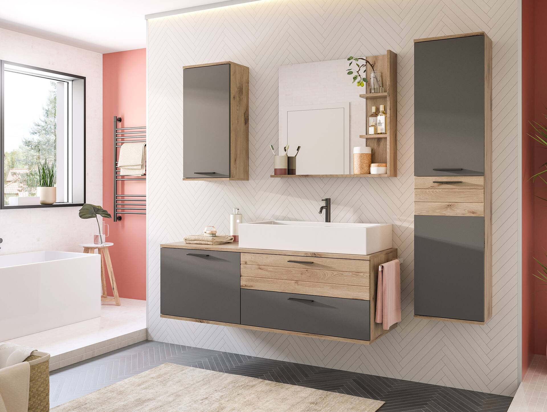 MORANO Badezimmerset II, Material Dekorspanplatte, Nox Oak Nachbildung/Basaltgrau 
