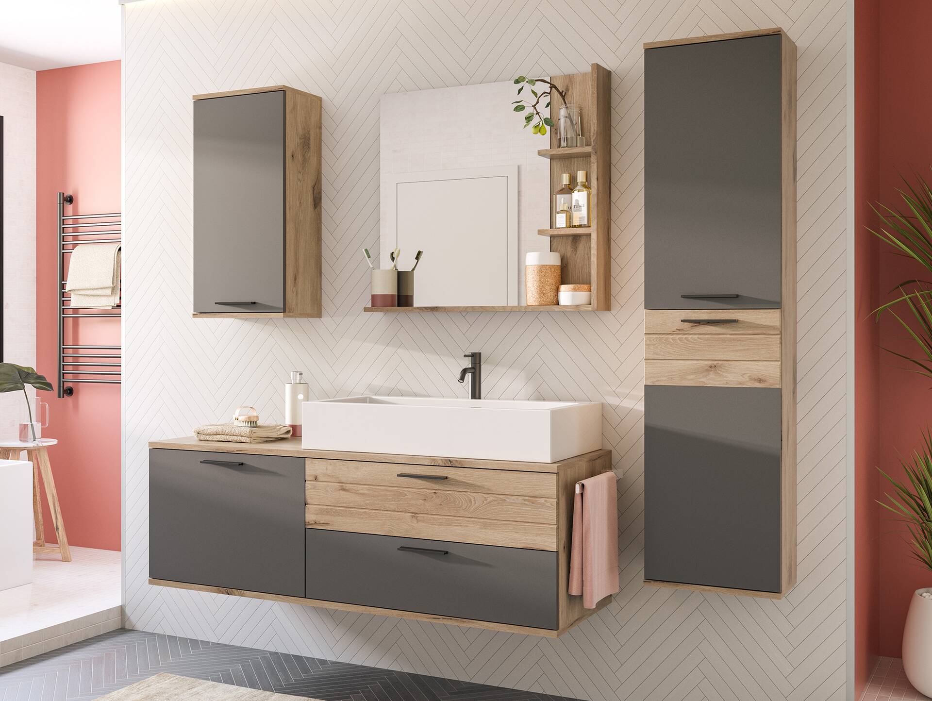 MORANO Hänge-Hochschrank fürs Badezimmer, Material Dekorspanplatte, Nox Oak Nachbildung/Basaltgrau 