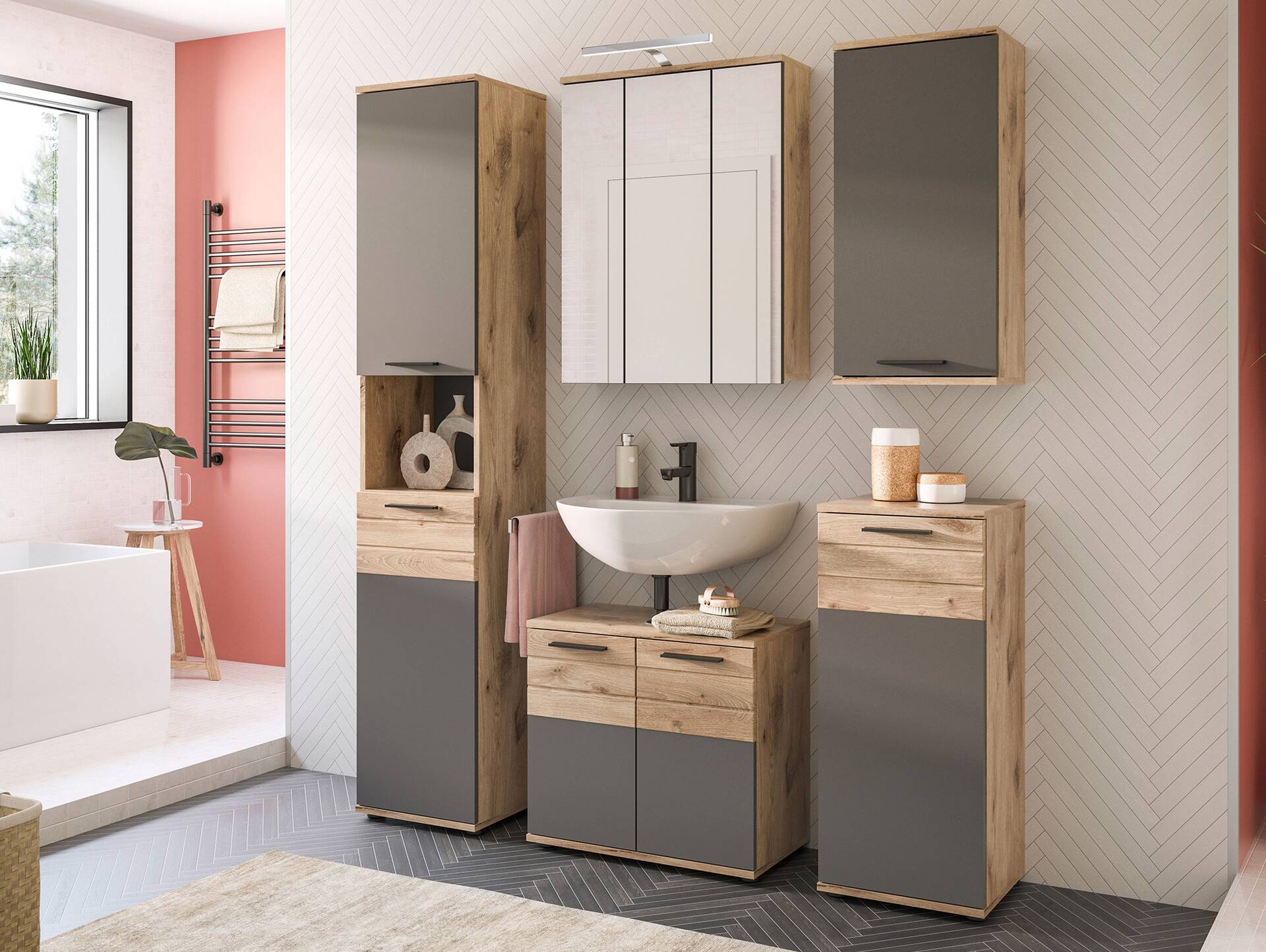 MORANO Hängeschrank fürs Badezimmer, Material Dekorspanplatte, Nox Oak Nachbildung/Basaltgrau 