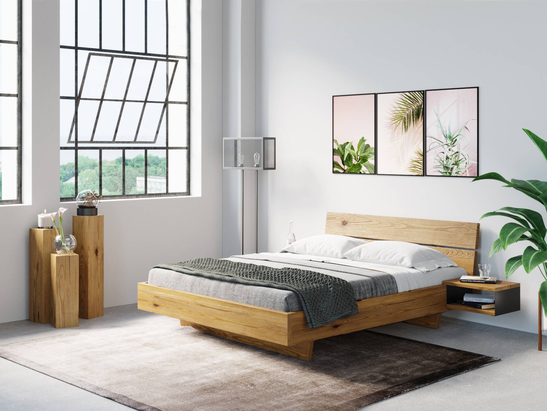 CURBY Wangenbett mit Kopfteil, Material Massivholz, rustikale Altholzoptik, Fichte gebürstet 120 x 220 cm | natur