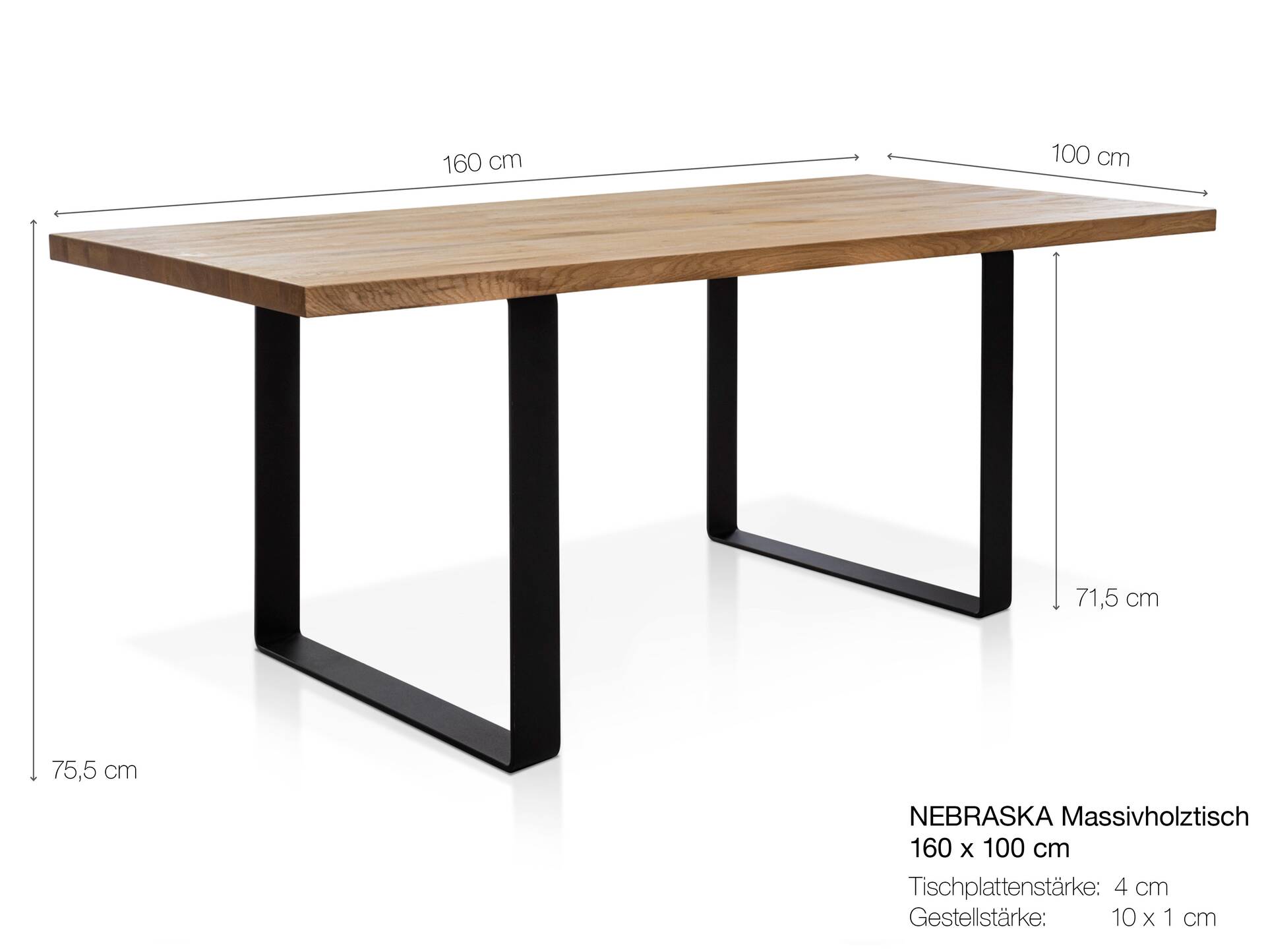 NEBRASKA II Massivholztisch mit Baumkante, Eiche/Metallkufen Schwarz 160 x 100 cm